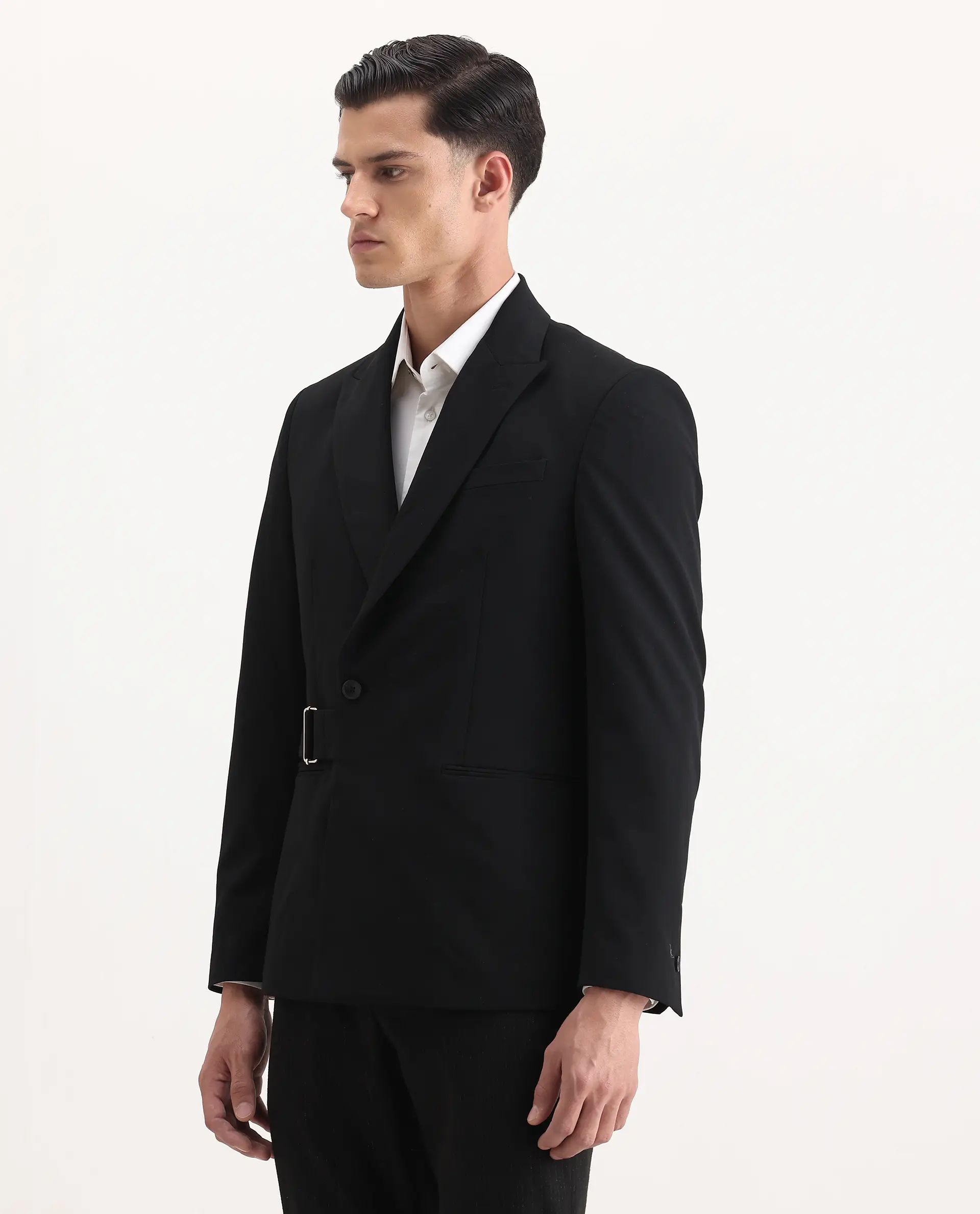 Rare Rabbit Men's Arcade Black Polyester Blend Fabric Full Sleeve Lapel Neck Plain Blazer - Image 7