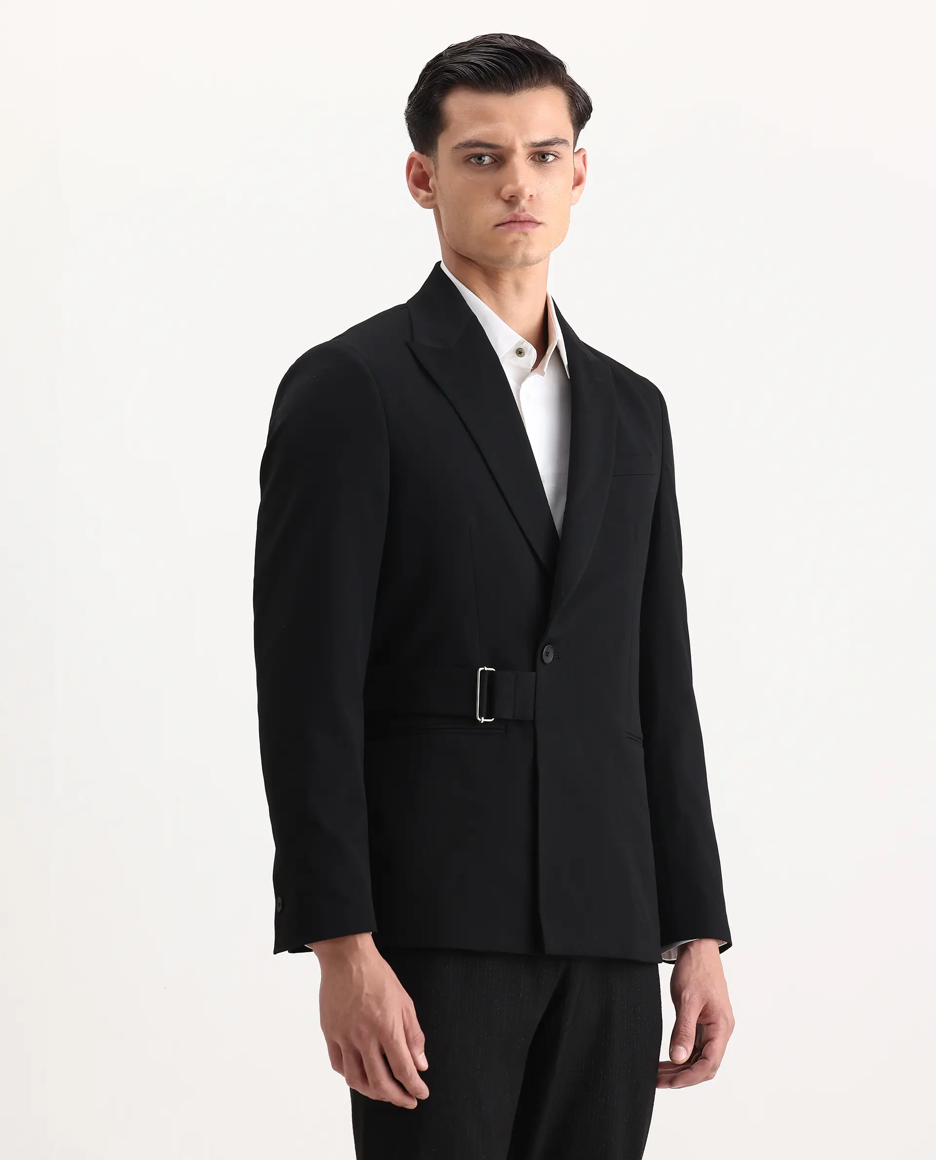 Rare Rabbit Men's Arcade Black Polyester Blend Fabric Full Sleeve Lapel Neck Plain Blazer - Image 8
