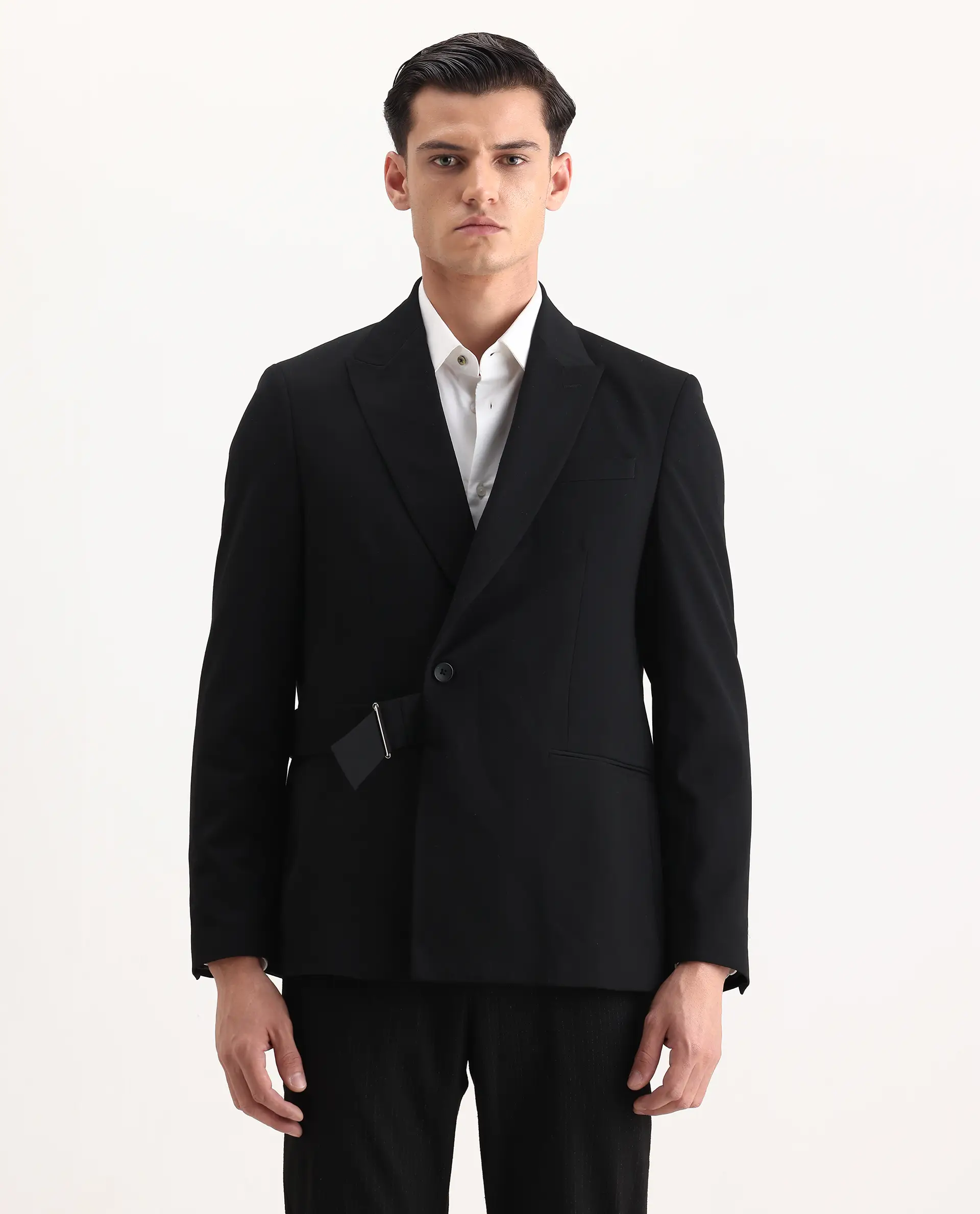 Rare Rabbit Men's Arcade Black Polyester Blend Fabric Full Sleeve Lapel Neck Plain Blazer - Image 9