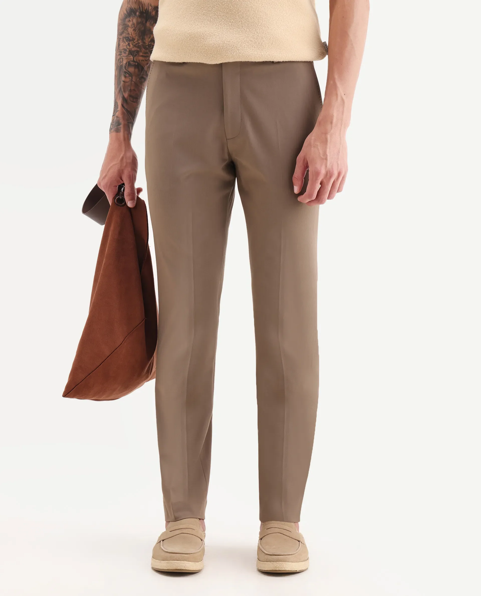 Rare Rabbit Men Arcade Beige Polyester Fabric Hook And Zipper Closure Regular Fit Plain Trouser - Image 2