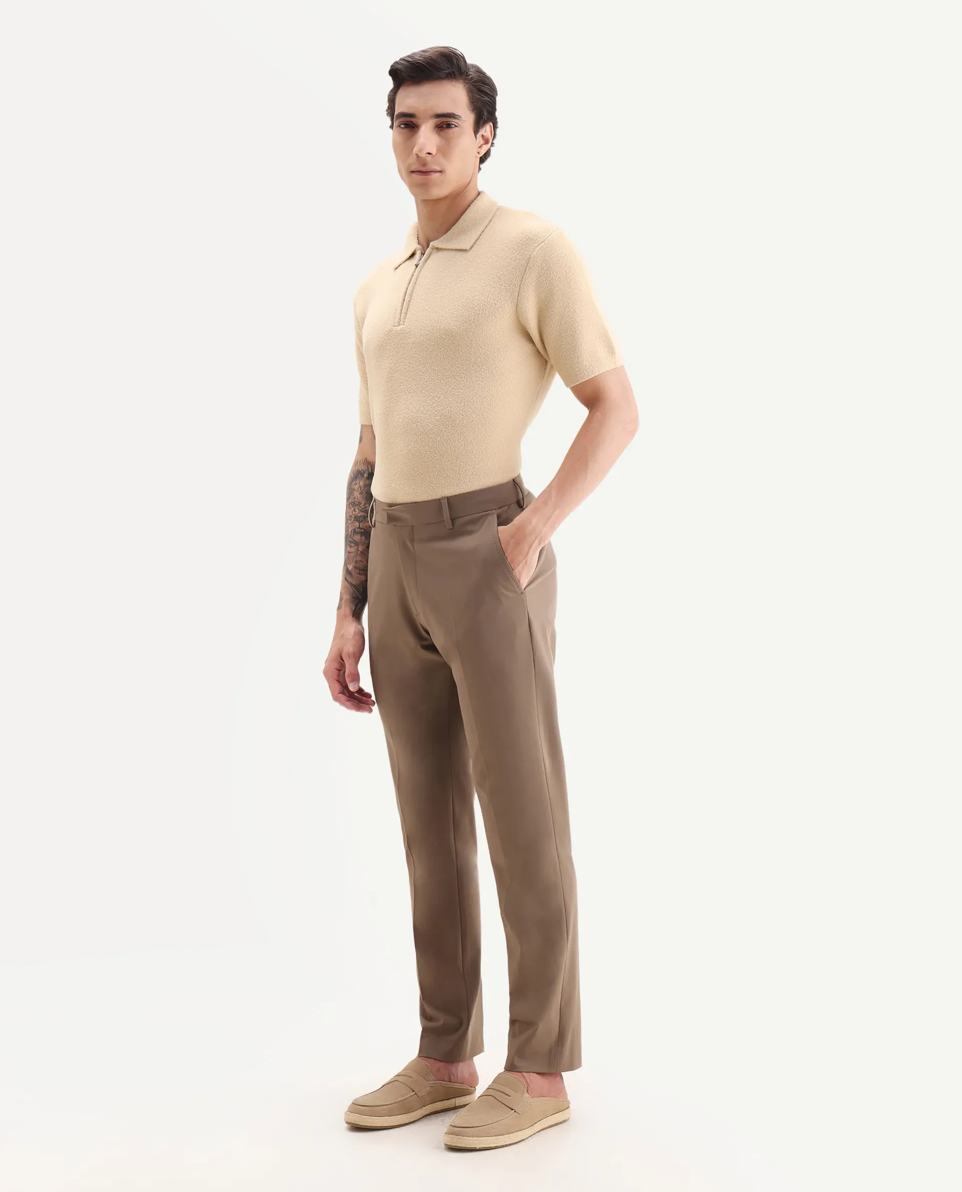 Rare Rabbit Men Arcade Beige Polyester Fabric Hook And Zipper Closure Regular Fit Plain Trouser - Image 4