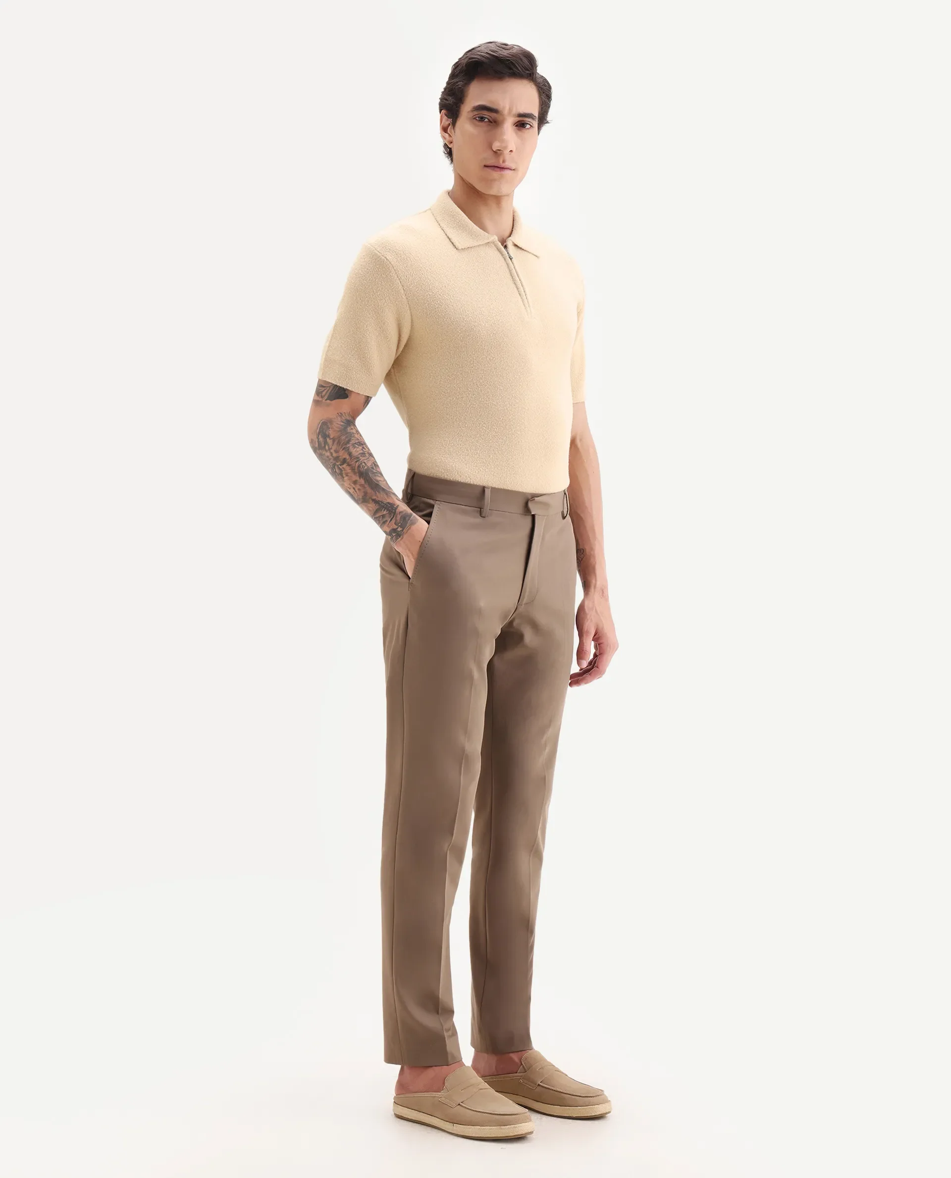 Rare Rabbit Men Arcade Beige Polyester Fabric Hook And Zipper Closure Regular Fit Plain Trouser - Image 5