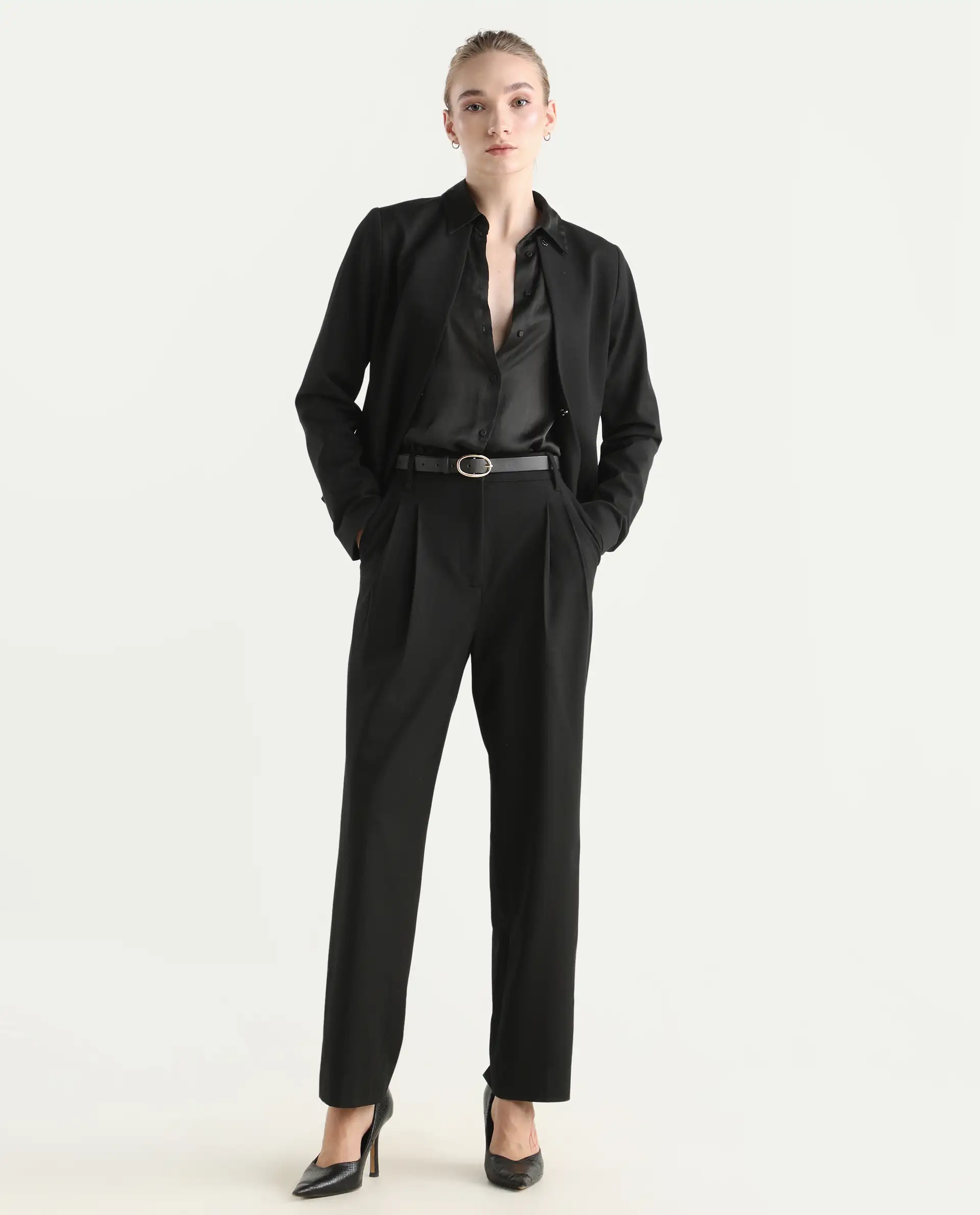 Rareism Women's Arcadia-B Black Polyester Blend Fabric Plain Trouser