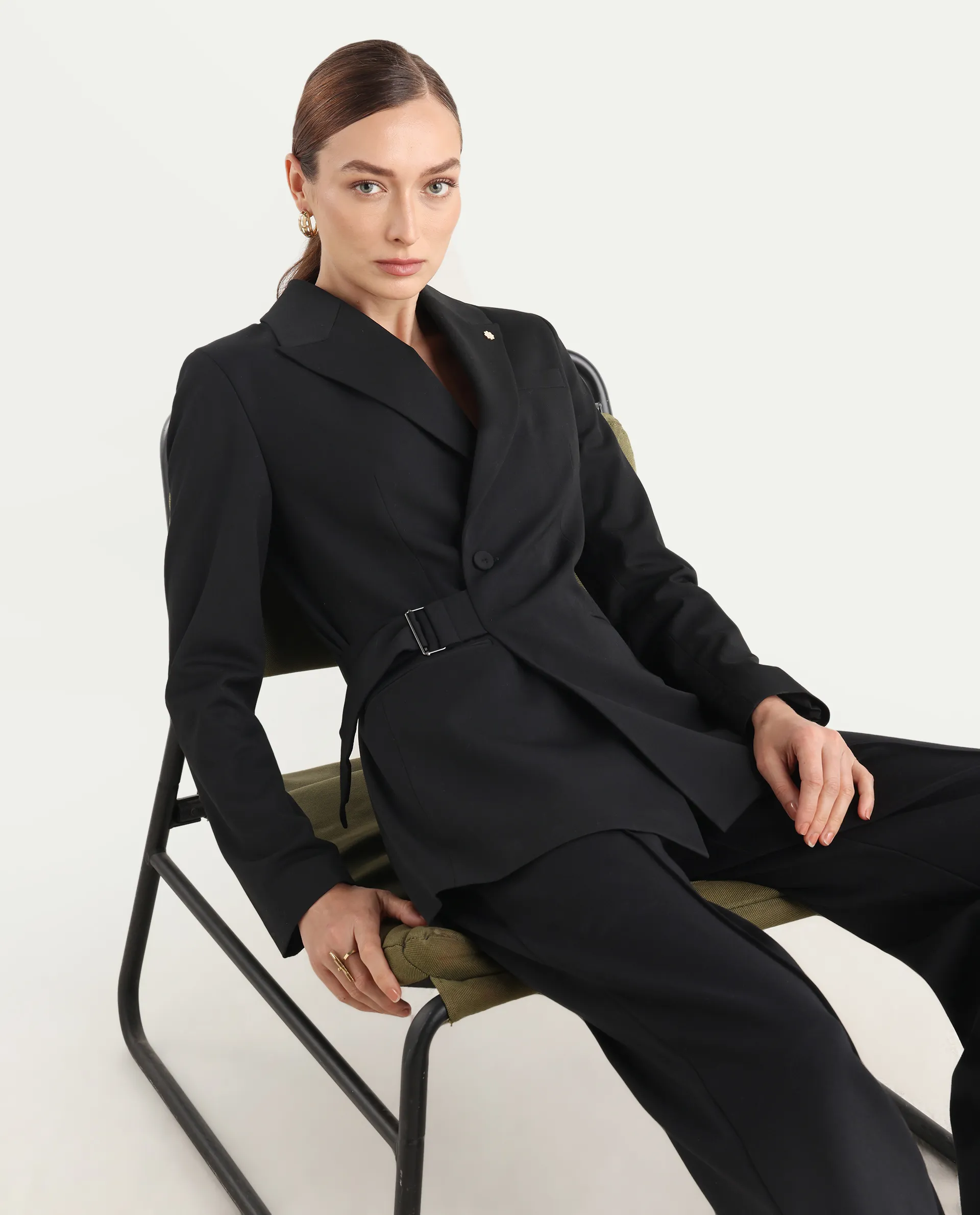 Rareism Women's Arcadia-T Black Polyester Blend Full Sleeve Lapel Collar Plain Blazer