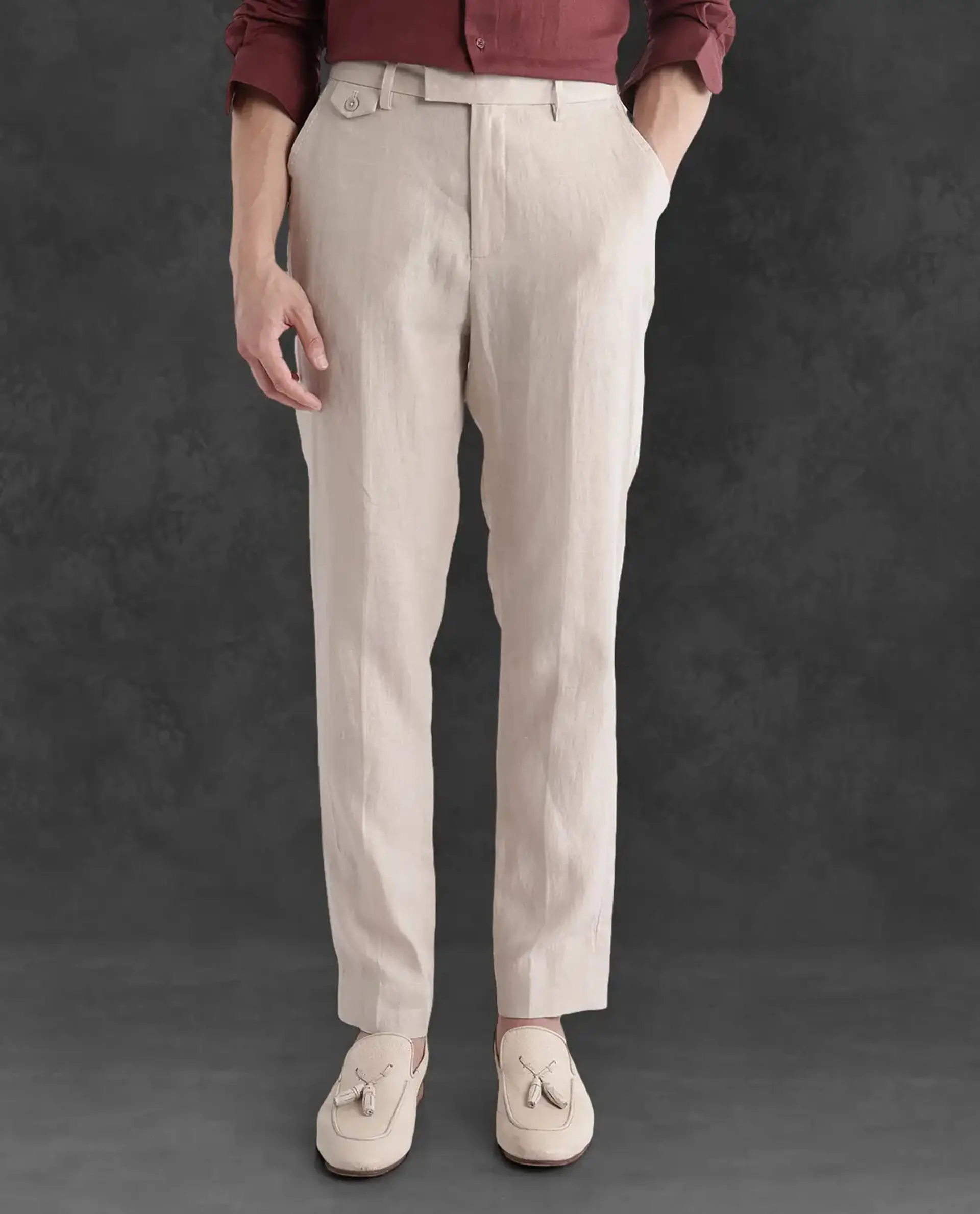 Rare Rabbit Men's Arcelo-2 Beige Linen Plain Regular Fit Trouser - Image 11