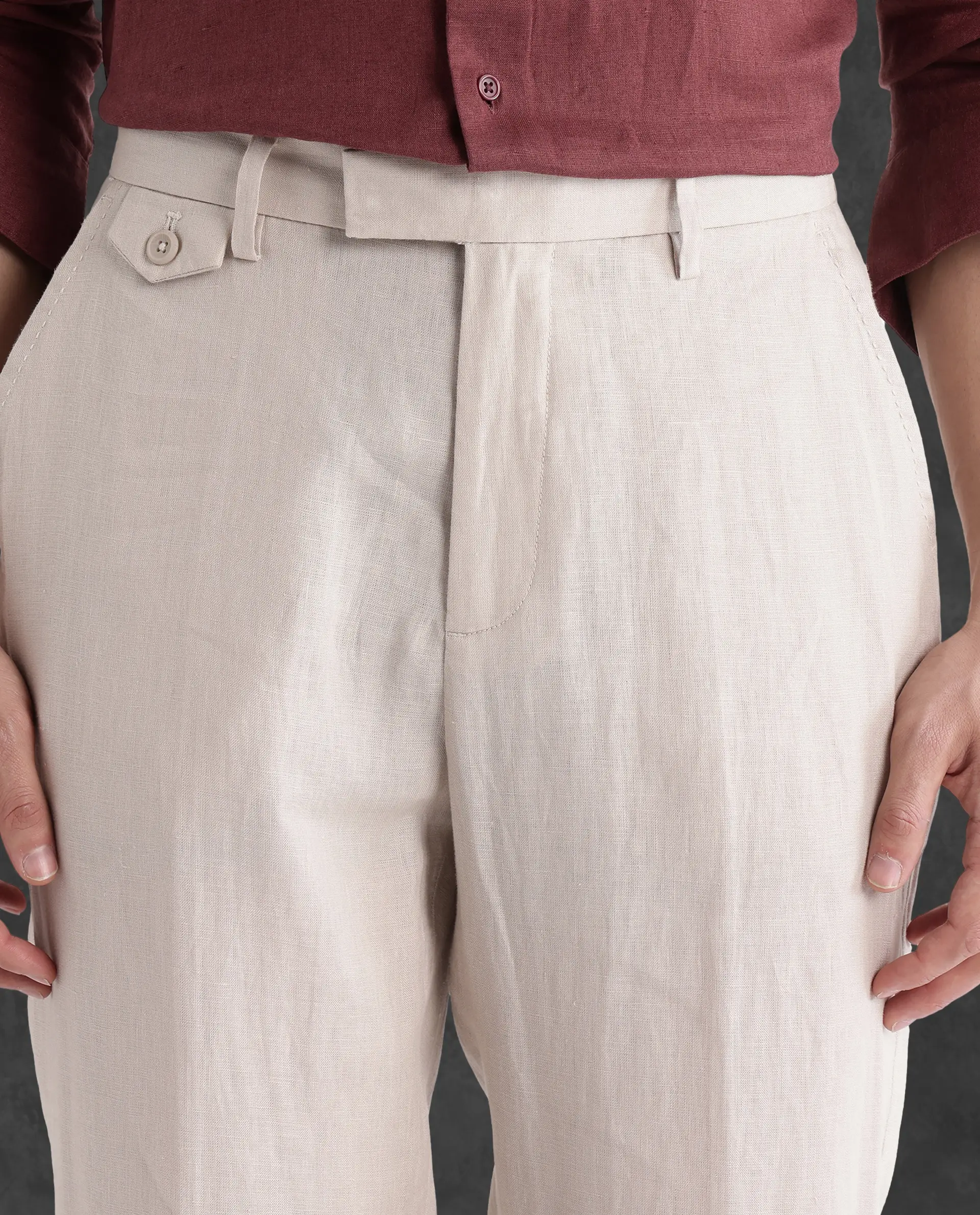 Rare Rabbit Men's Arcelo-2 Beige Linen Plain Regular Fit Trouser - Image 3