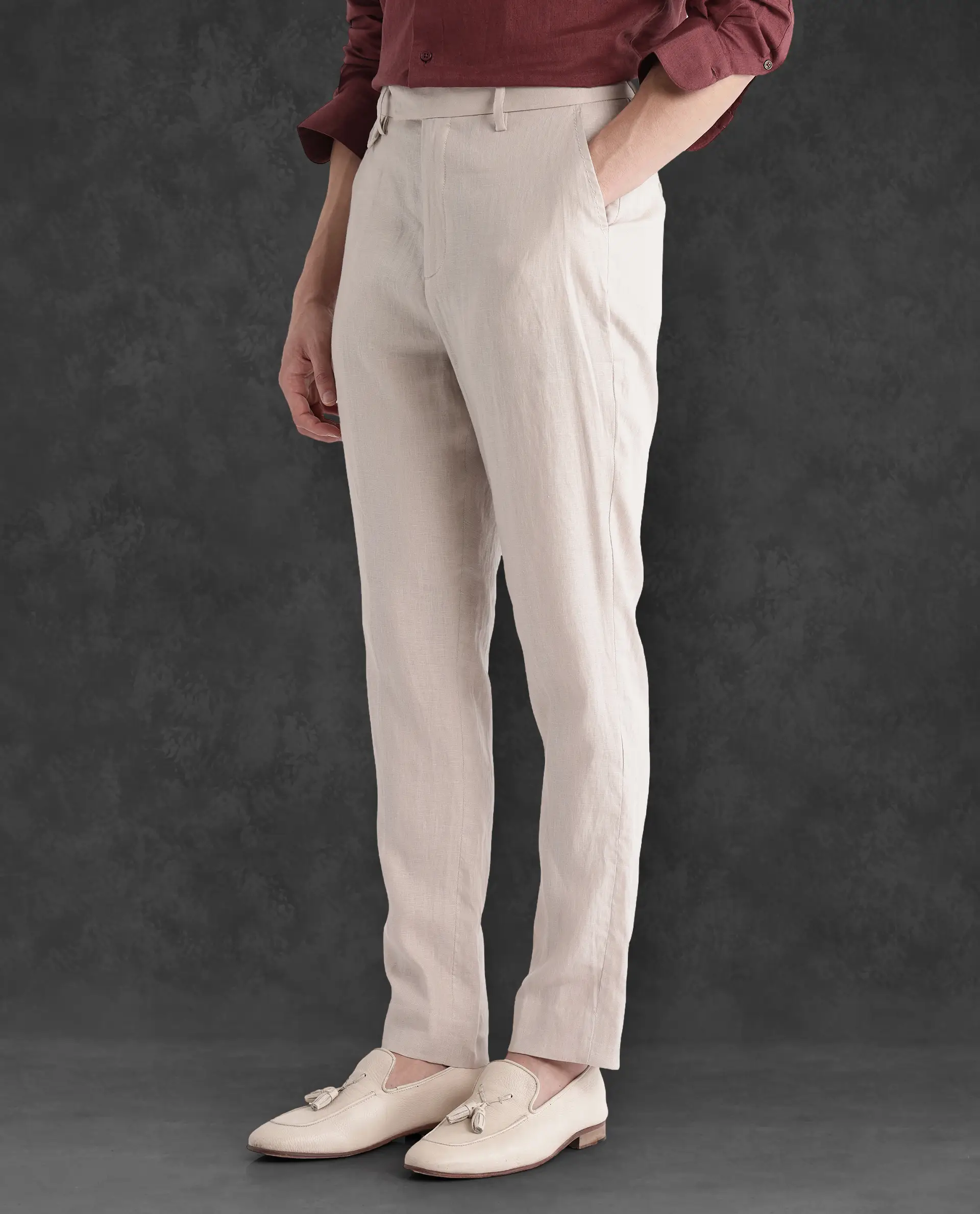 Rare Rabbit Men's Arcelo-2 Beige Linen Plain Regular Fit Trouser - Image 5