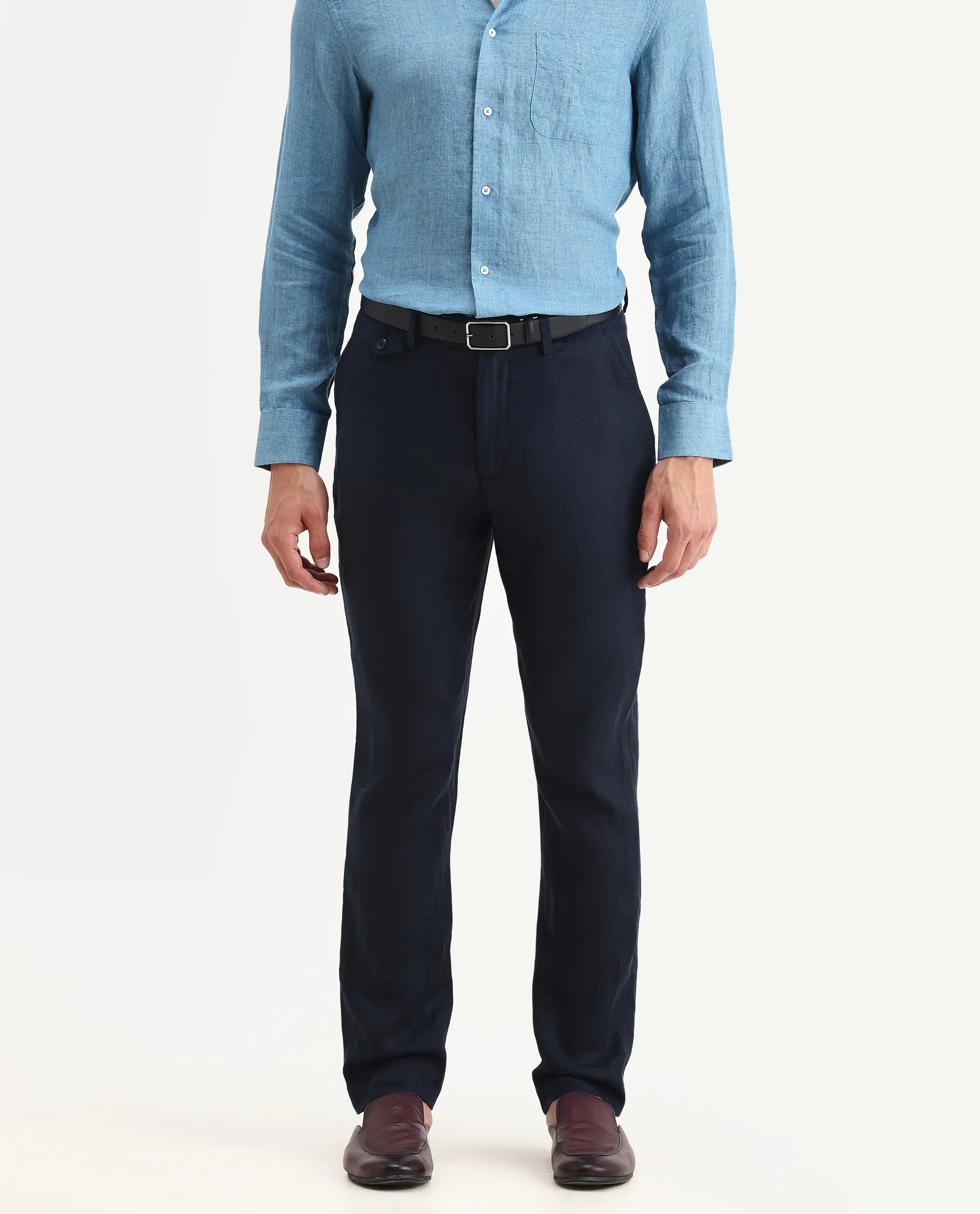 Rare Rabbit Men's Arcelo-2 Navy Linen Plain Regular Fit Trouser - Image 2