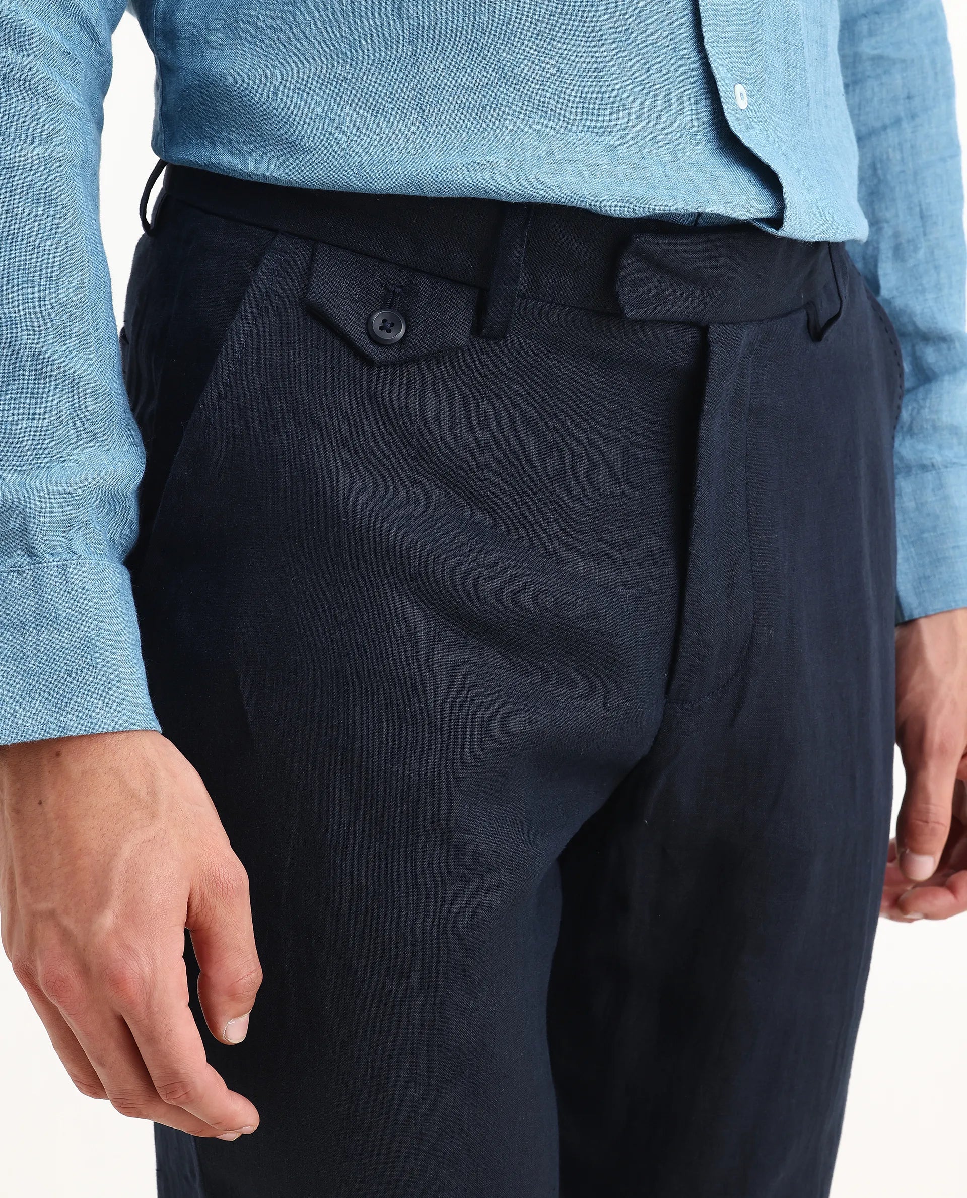 Rare Rabbit Men's Arcelo-2 Navy Linen Plain Regular Fit Trouser - Image 3