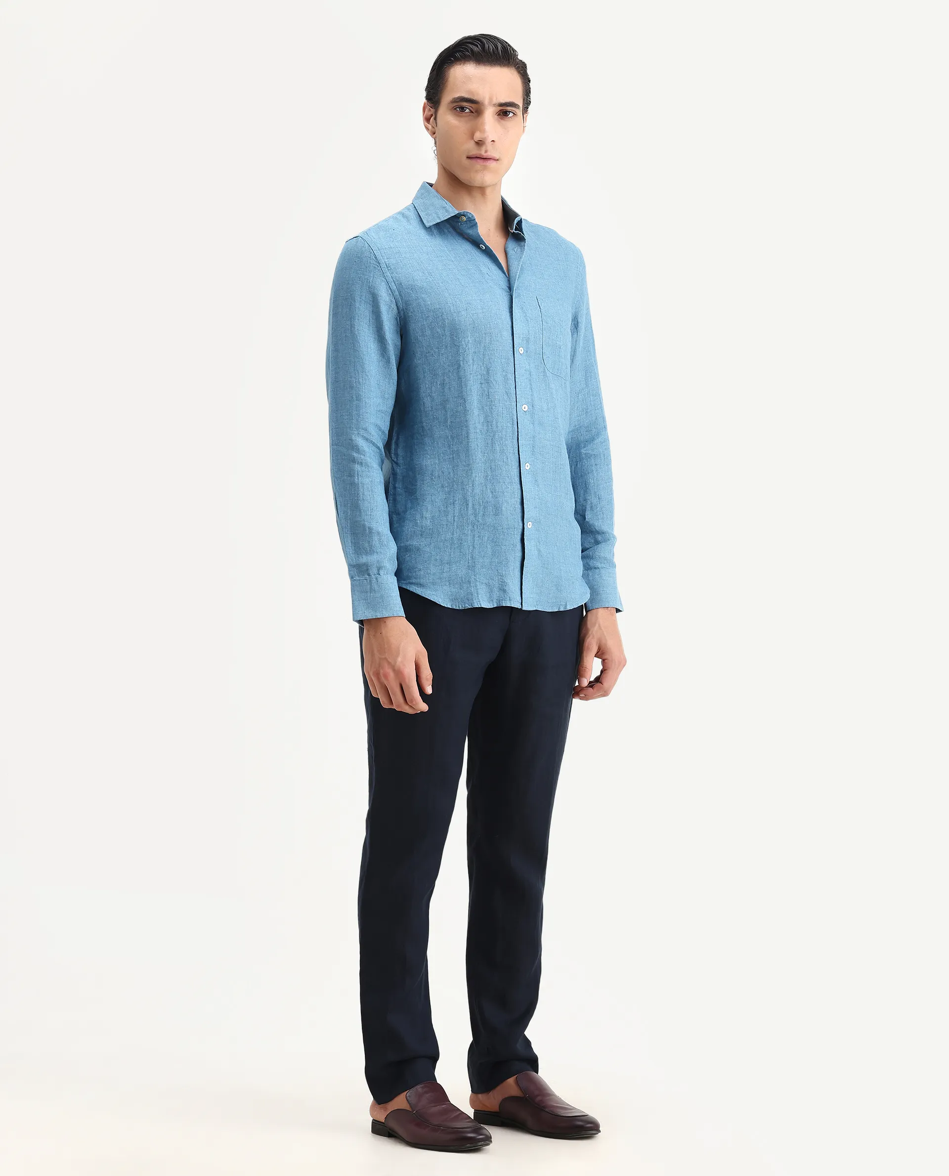 Rare Rabbit Men's Arcelo-2 Navy Linen Plain Regular Fit Trouser - Image 4