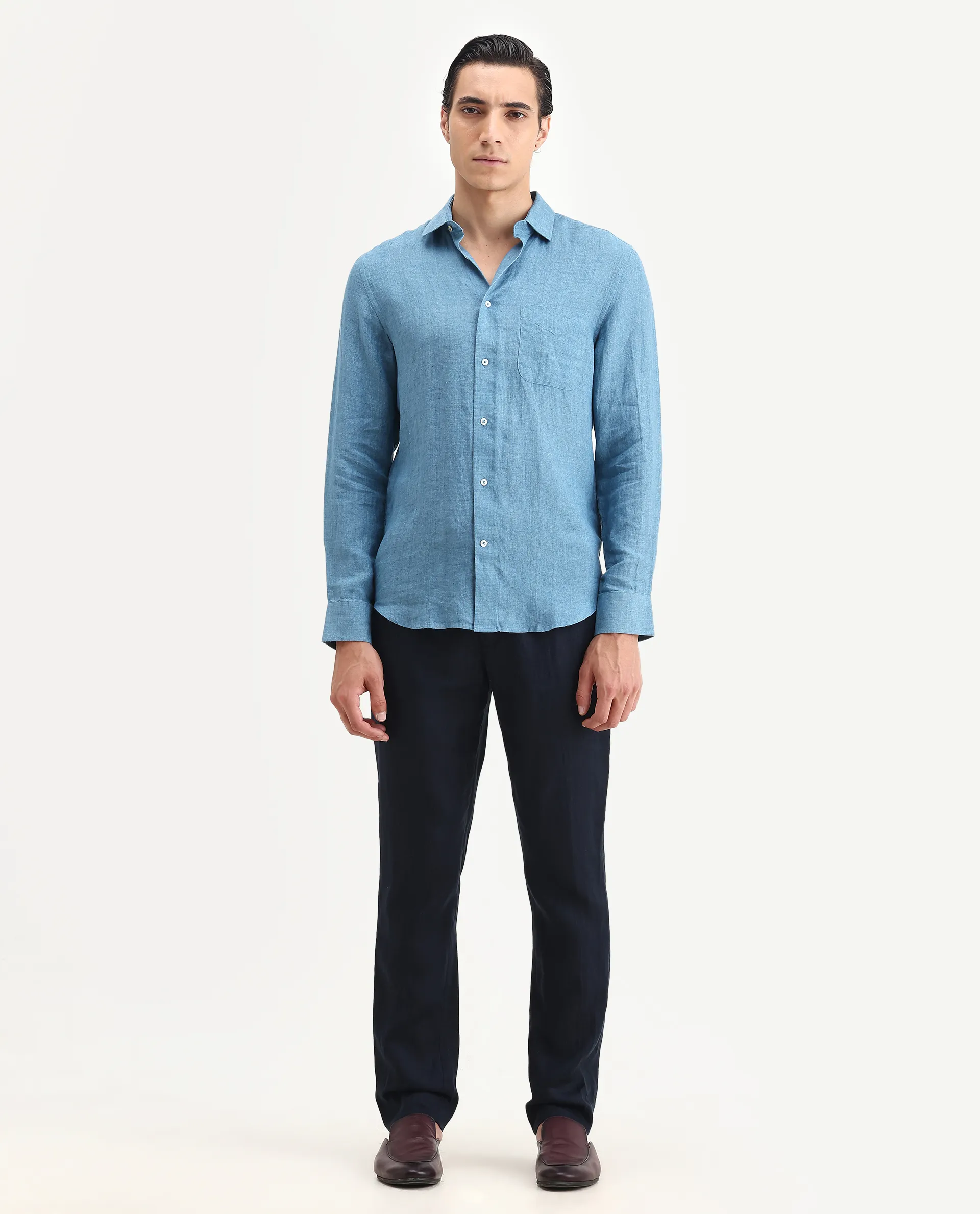 Rare Rabbit Men's Arcelo-2 Navy Linen Plain Regular Fit Trouser - Image 5