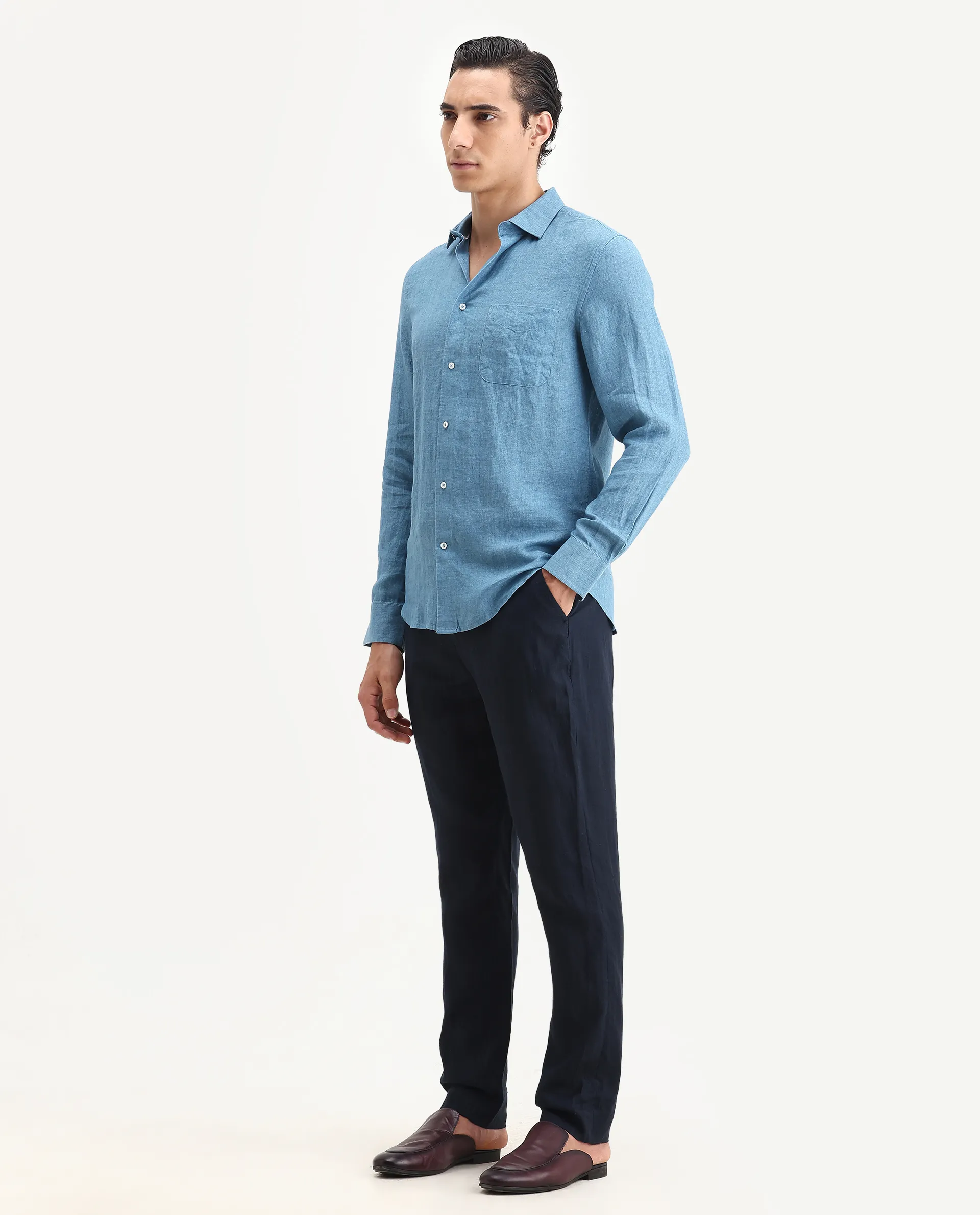 Rare Rabbit Men's Arcelo-2 Navy Linen Plain Regular Fit Trouser - Image 6