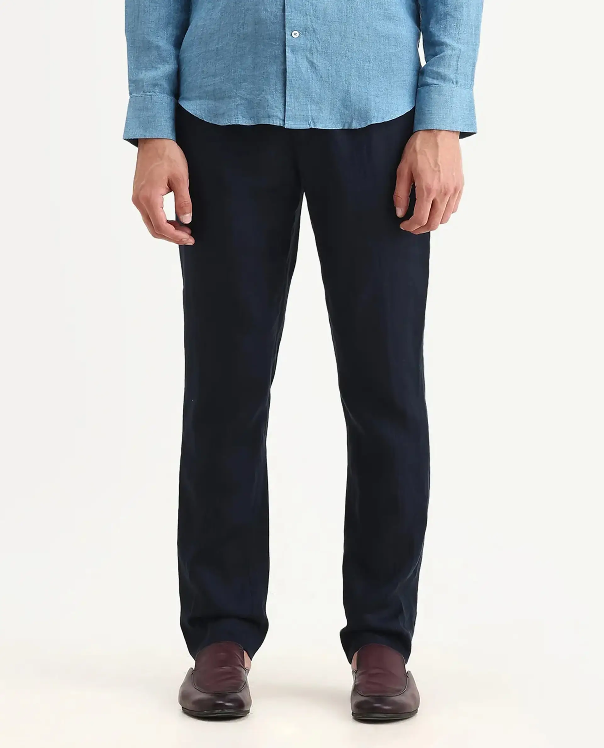 Rare Rabbit Men's Arcelo-2 Navy Linen Plain Regular Fit Trouser - Image 8
