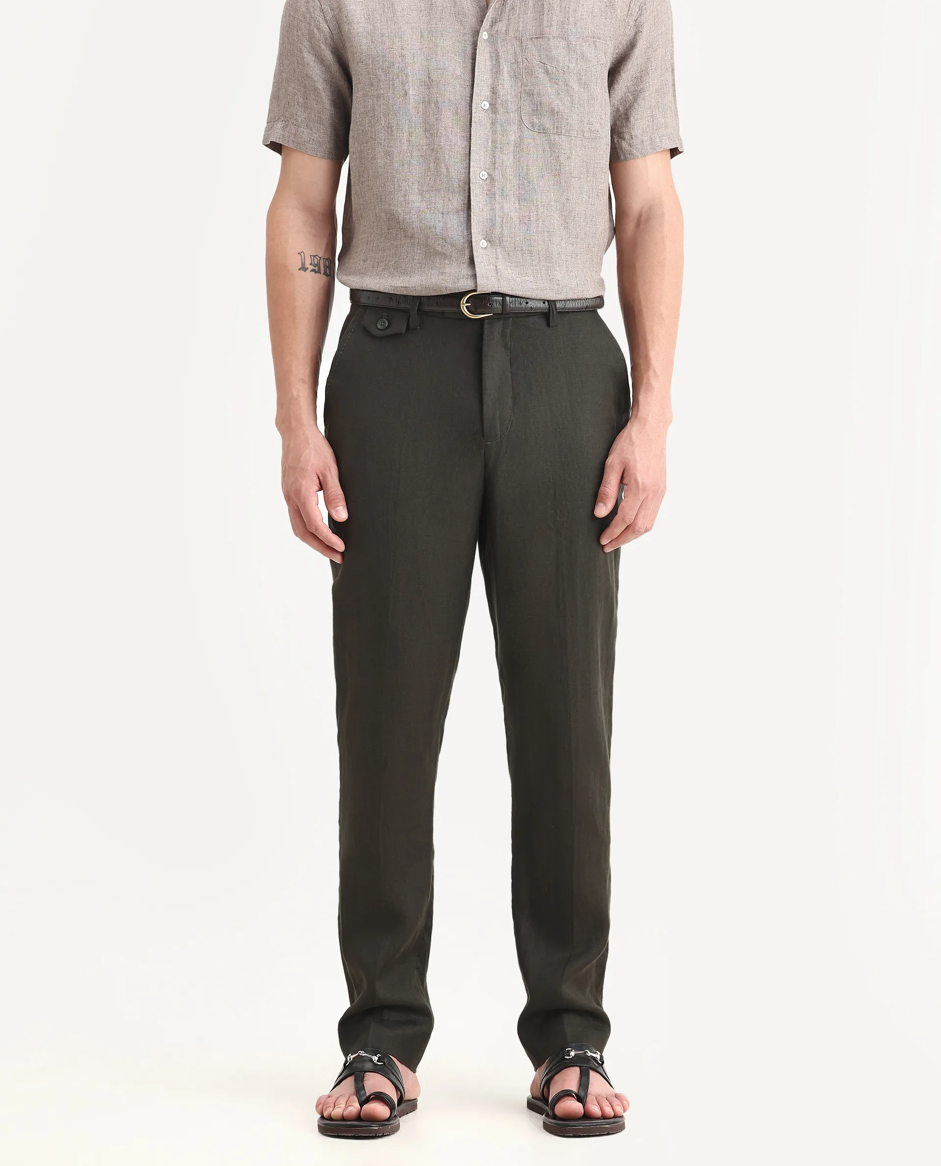 Rare Rabbit Men's Arcelo-2 Olive 100% Linen Plain Regular Fit Trouser - Image 2