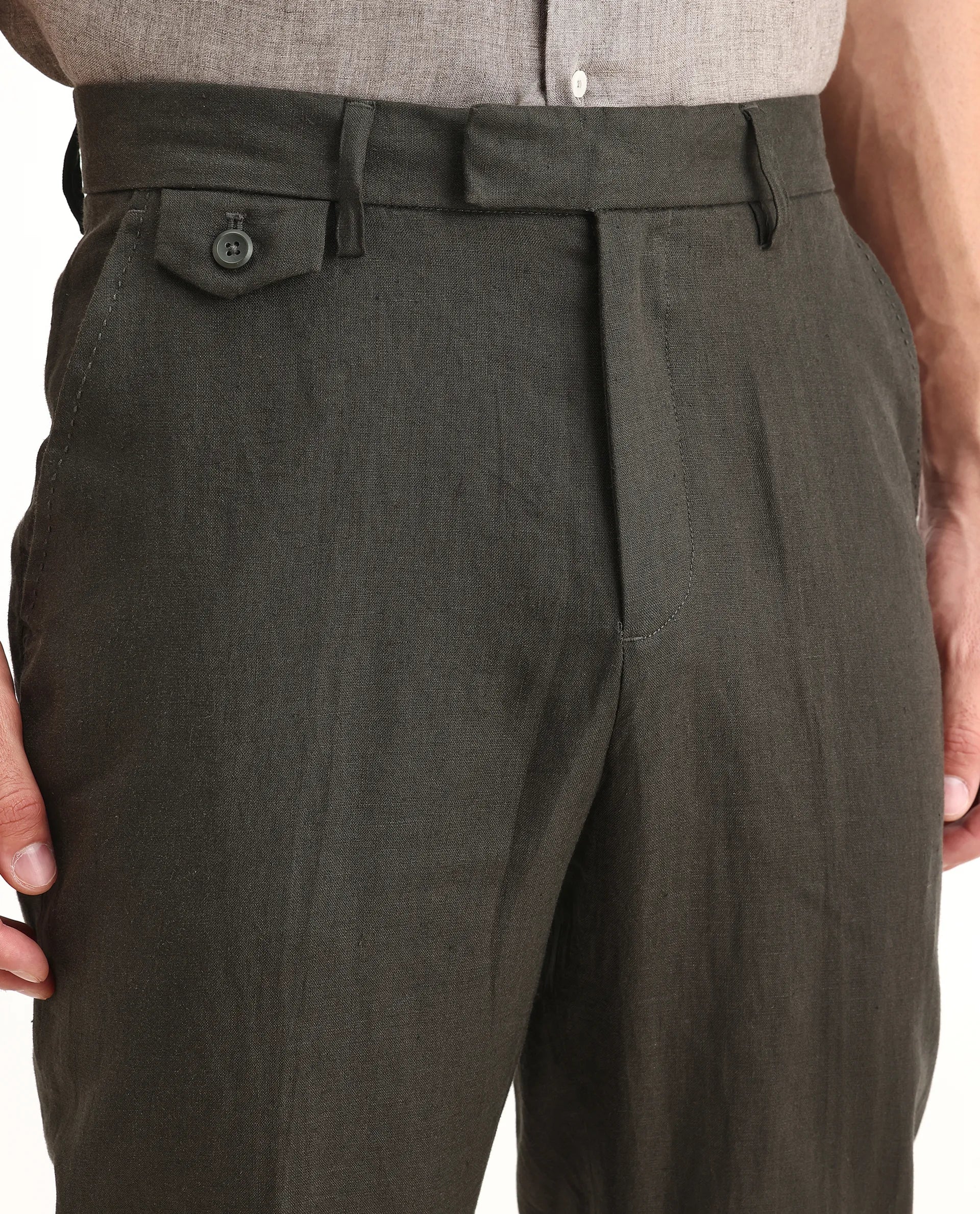 Rare Rabbit Men's Arcelo-2 Olive 100% Linen Plain Regular Fit Trouser - Image 3