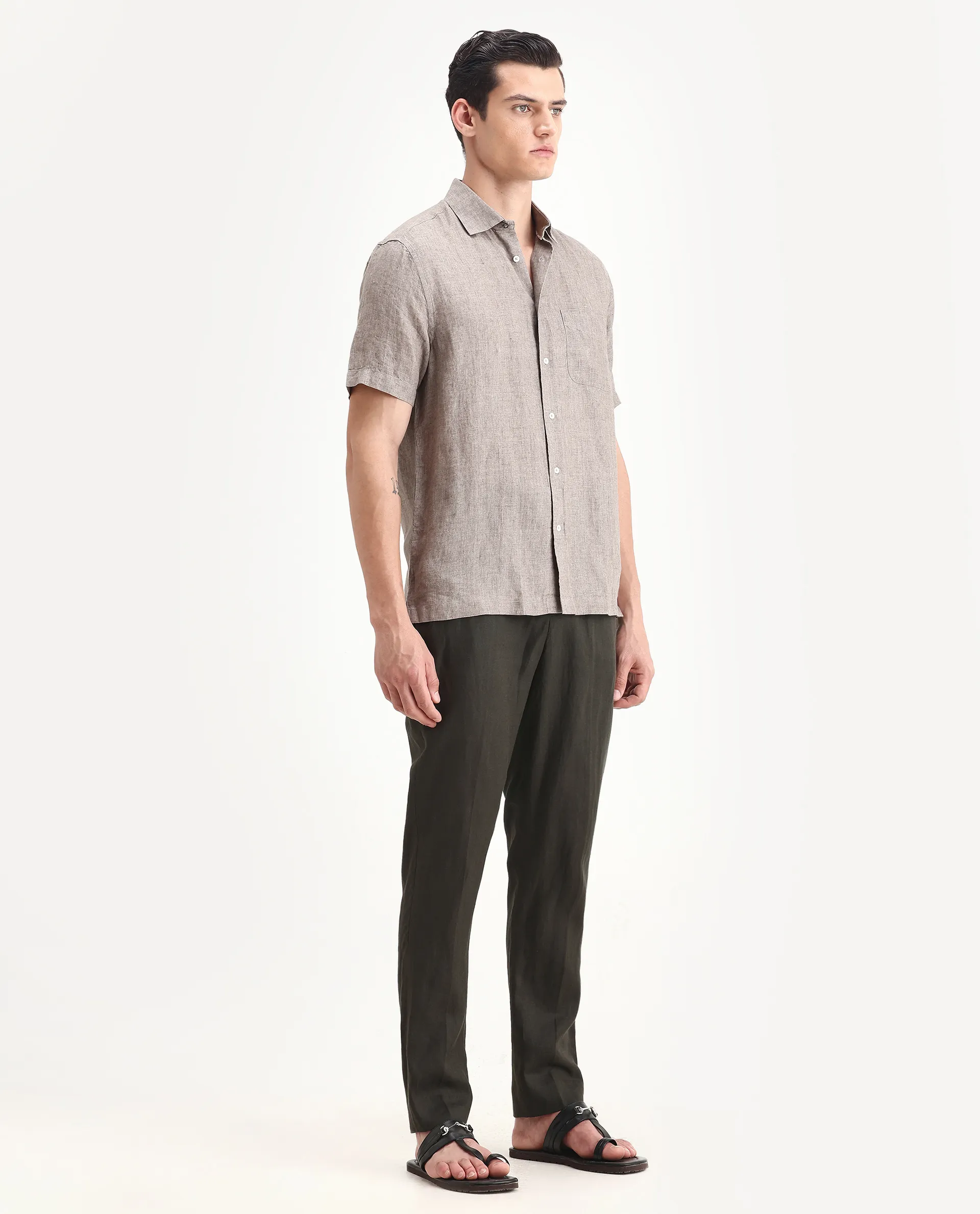 Rare Rabbit Men's Arcelo-2 Olive 100% Linen Plain Regular Fit Trouser - Image 5