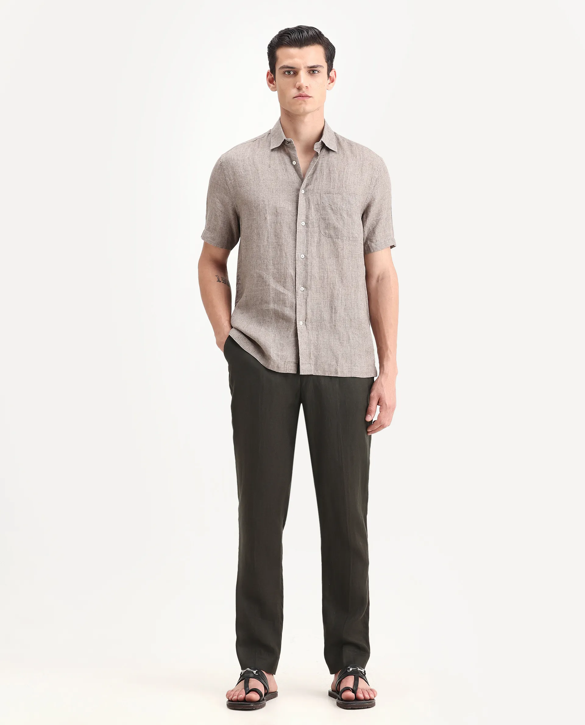 Rare Rabbit Men's Arcelo-2 Olive 100% Linen Plain Regular Fit Trouser - Image 6