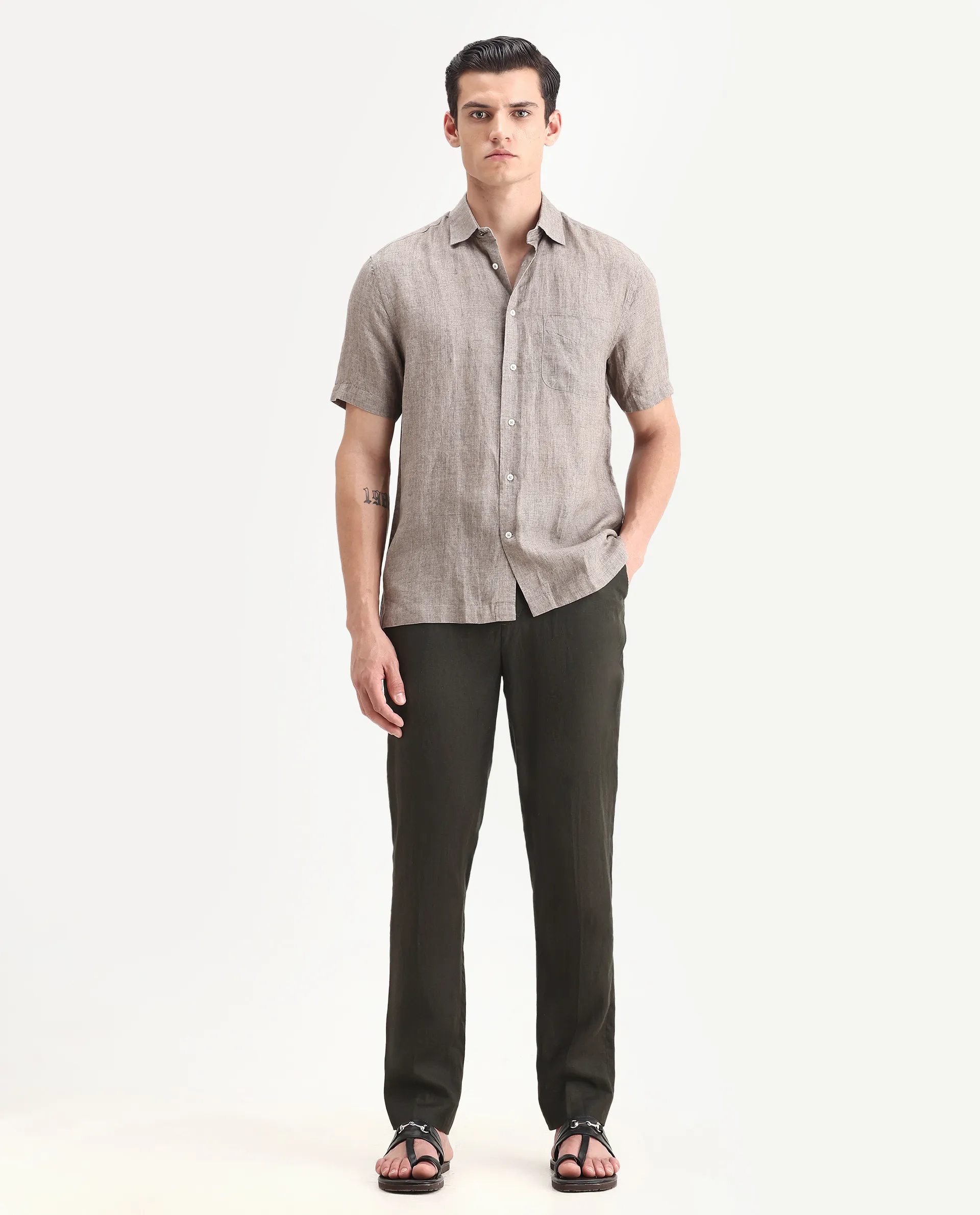 Rare Rabbit Men's Arcelo-2 Olive 100% Linen Plain Regular Fit Trouser - Image 7