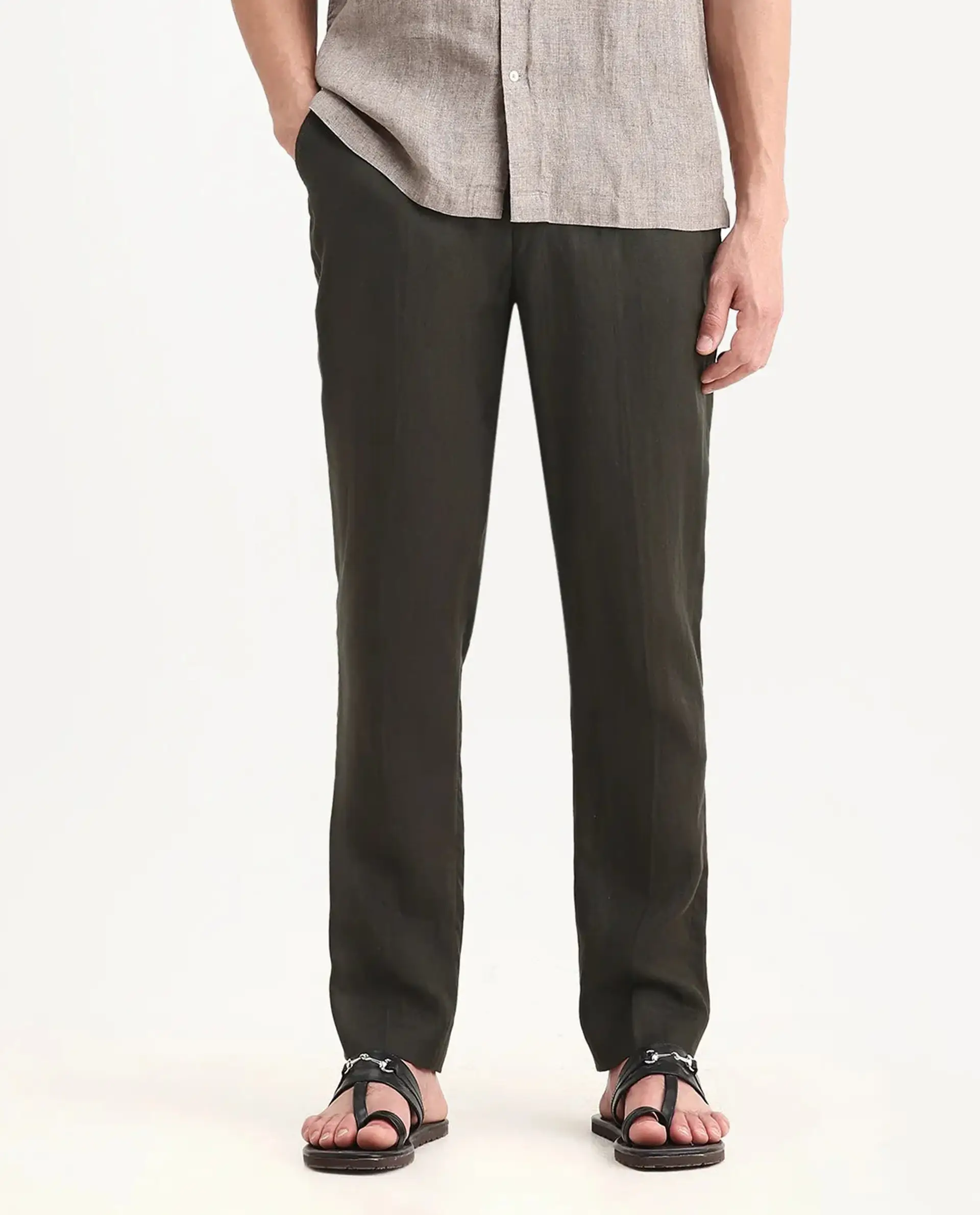 Rare Rabbit Men's Arcelo-2 Olive 100% Linen Plain Regular Fit Trouser - Image 9
