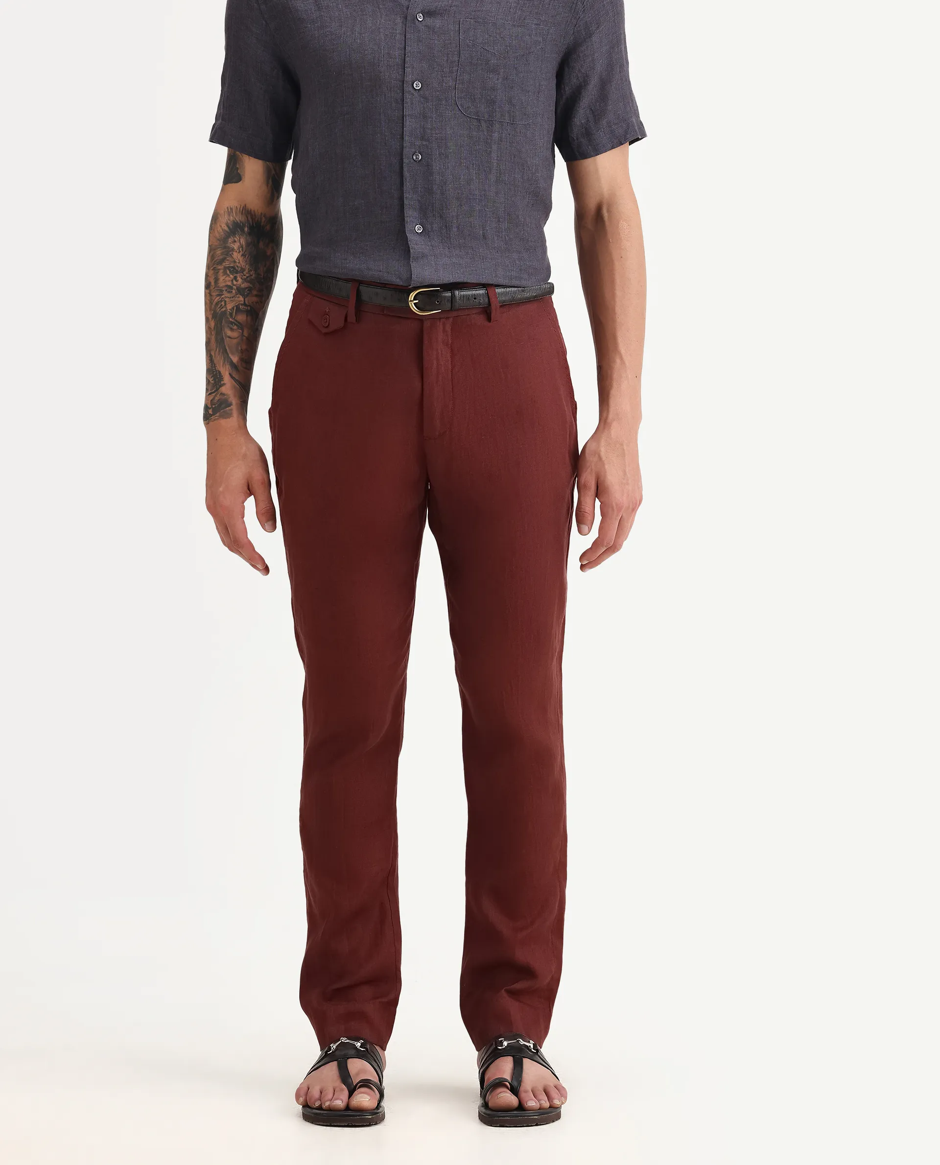 Rare Rabbit Men's Arcelo-2 Rust 100% Linen Plain Regular Fit Trouser - Image 2