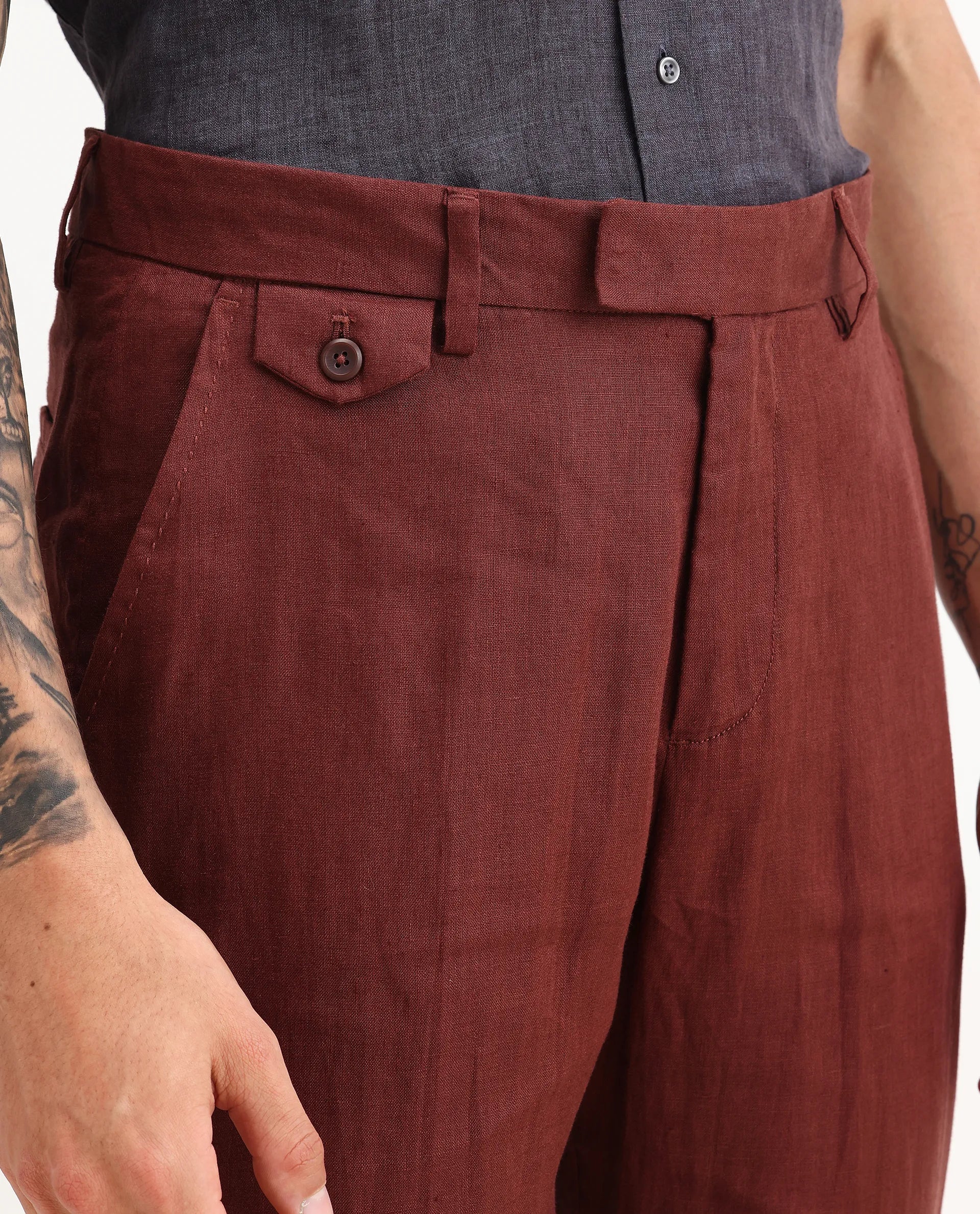 Rare Rabbit Men's Arcelo-2 Rust 100% Linen Plain Regular Fit Trouser - Image 3