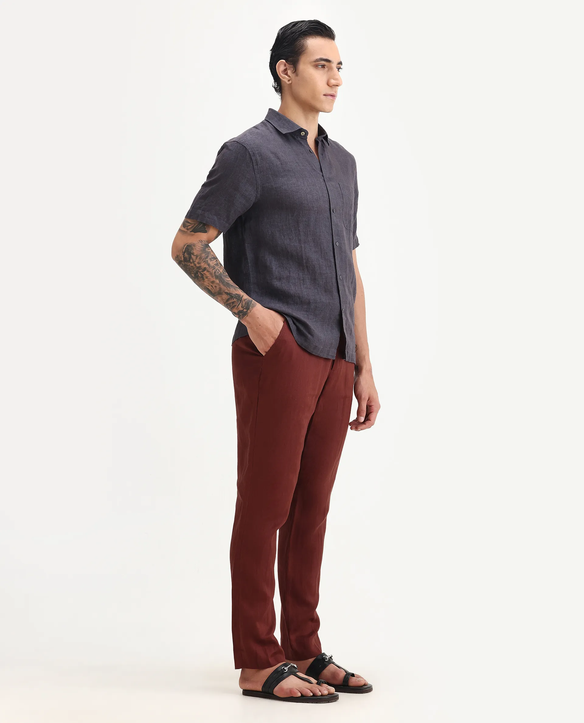 Rare Rabbit Men's Arcelo-2 Rust 100% Linen Plain Regular Fit Trouser - Image 4