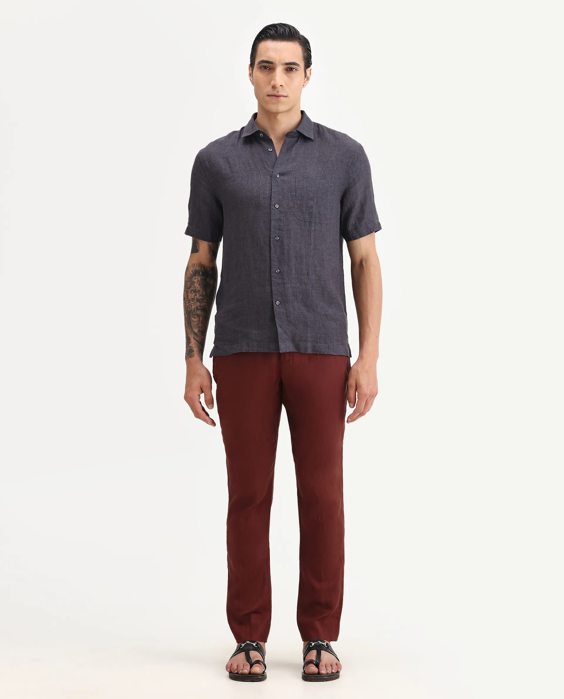 Rare Rabbit Men's Arcelo-2 Rust 100% Linen Plain Regular Fit Trouser - Image 5
