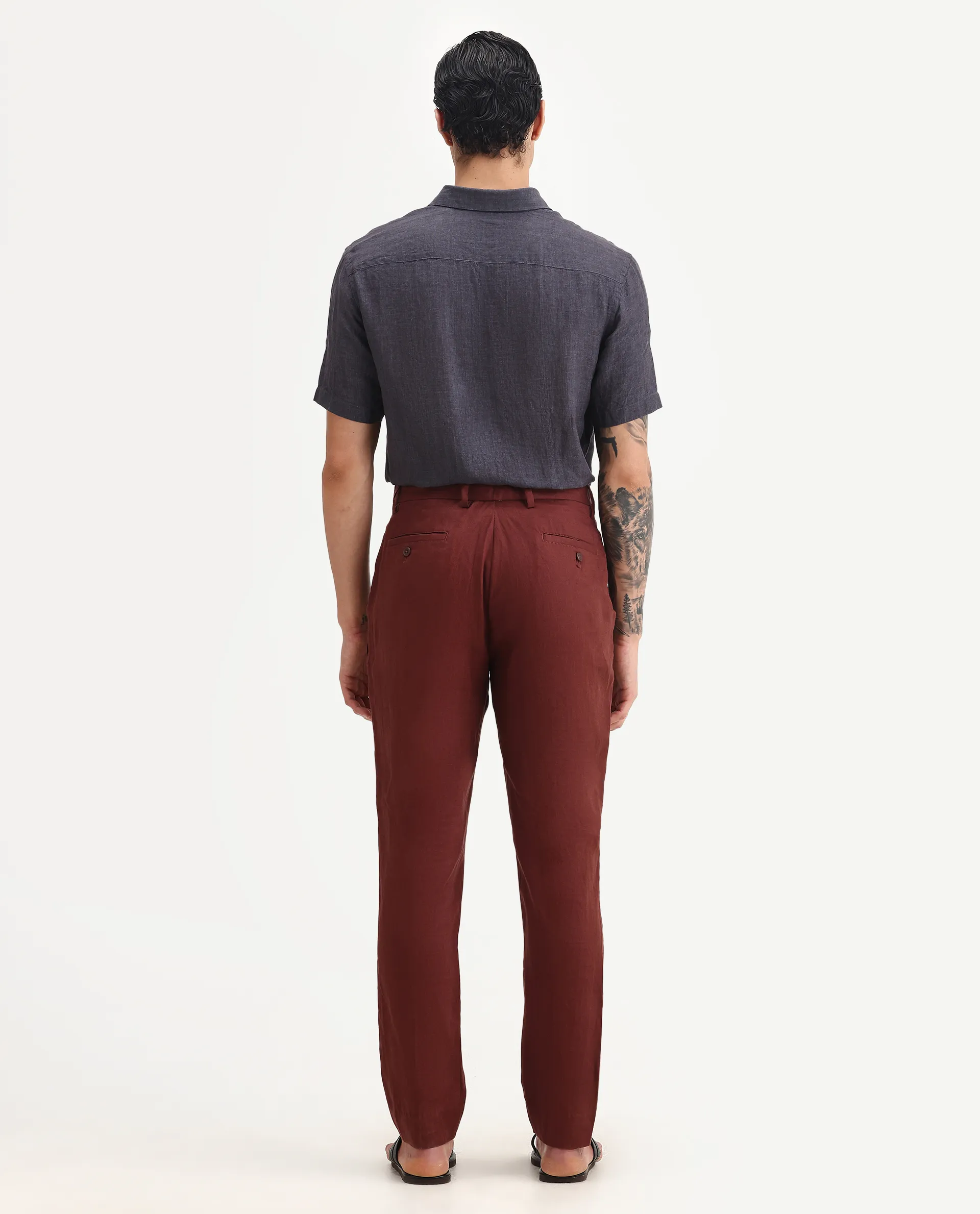 Rare Rabbit Men's Arcelo-2 Rust 100% Linen Plain Regular Fit Trouser - Image 7