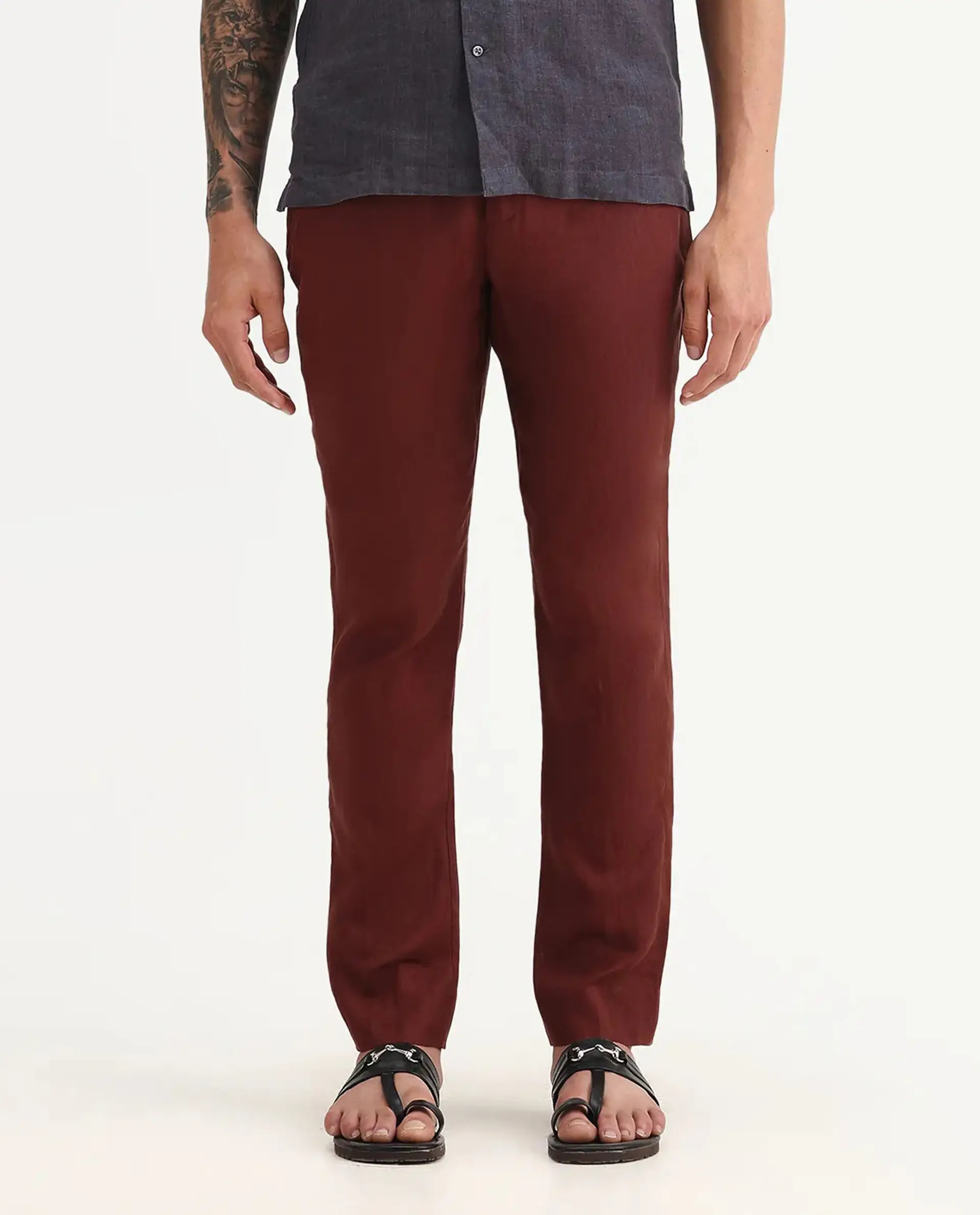 Rare Rabbit Men's Arcelo-2 Rust 100% Linen Plain Regular Fit Trouser - Image 8