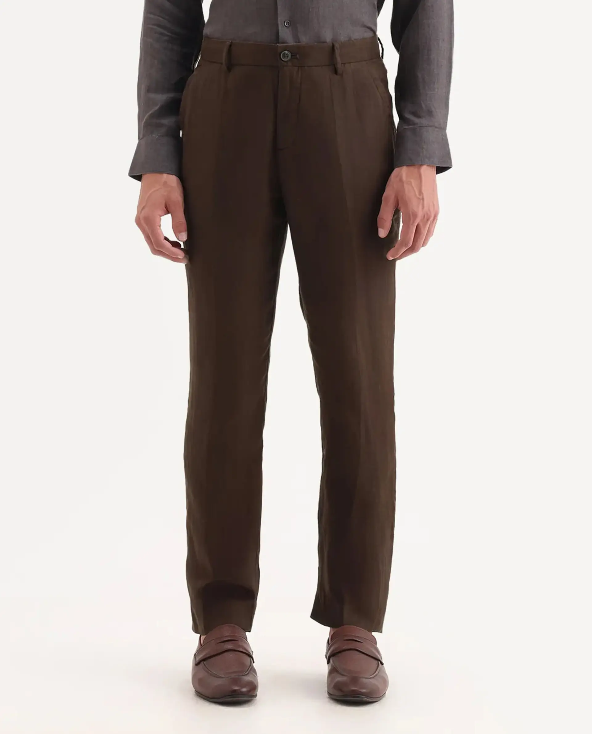 Rare Rabbit Men's Arcelo Brown Linen Plain Regular Fit Trouser - Image 10