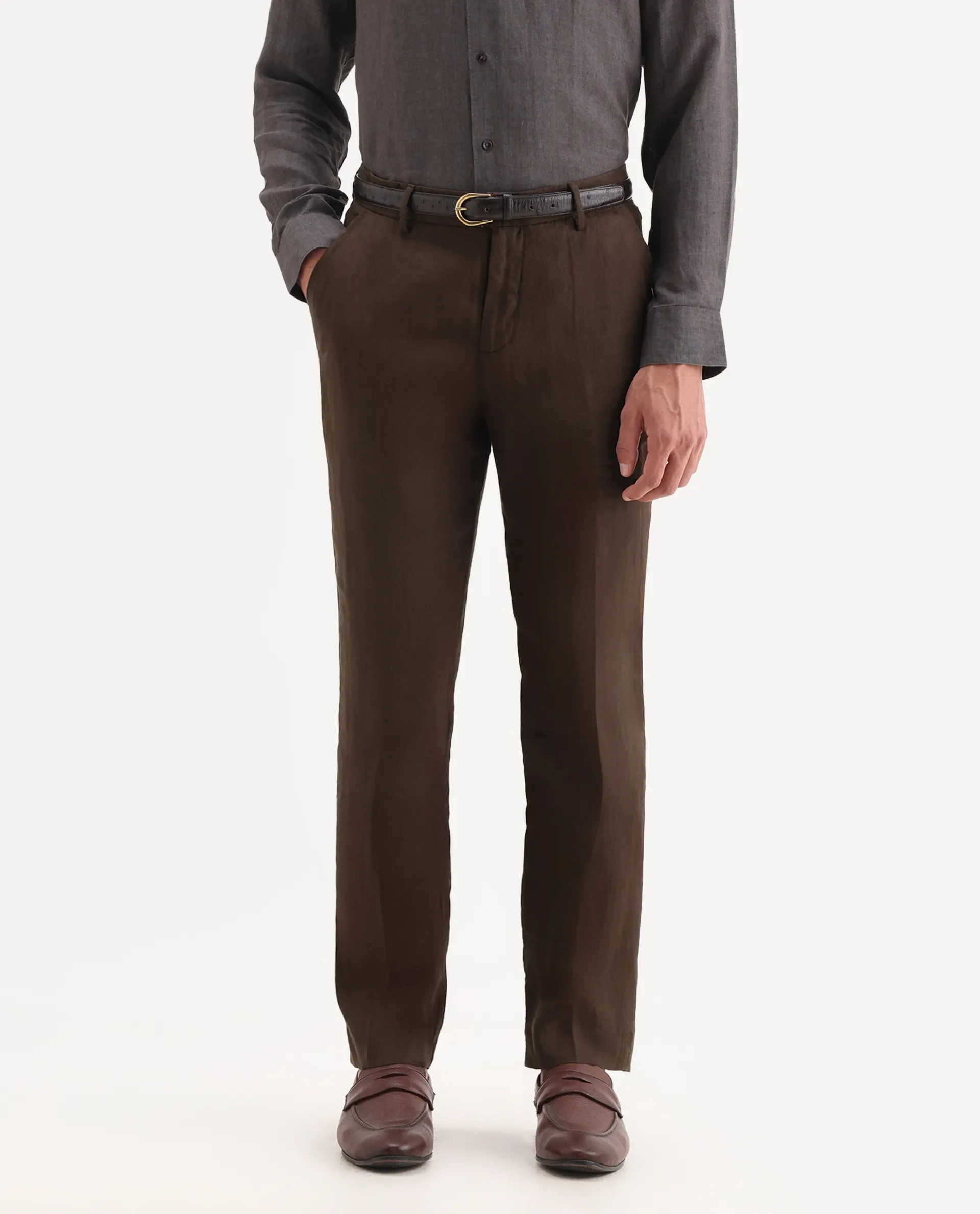 Rare Rabbit Men's Arcelo Brown Linen Plain Regular Fit Trouser - Image 2