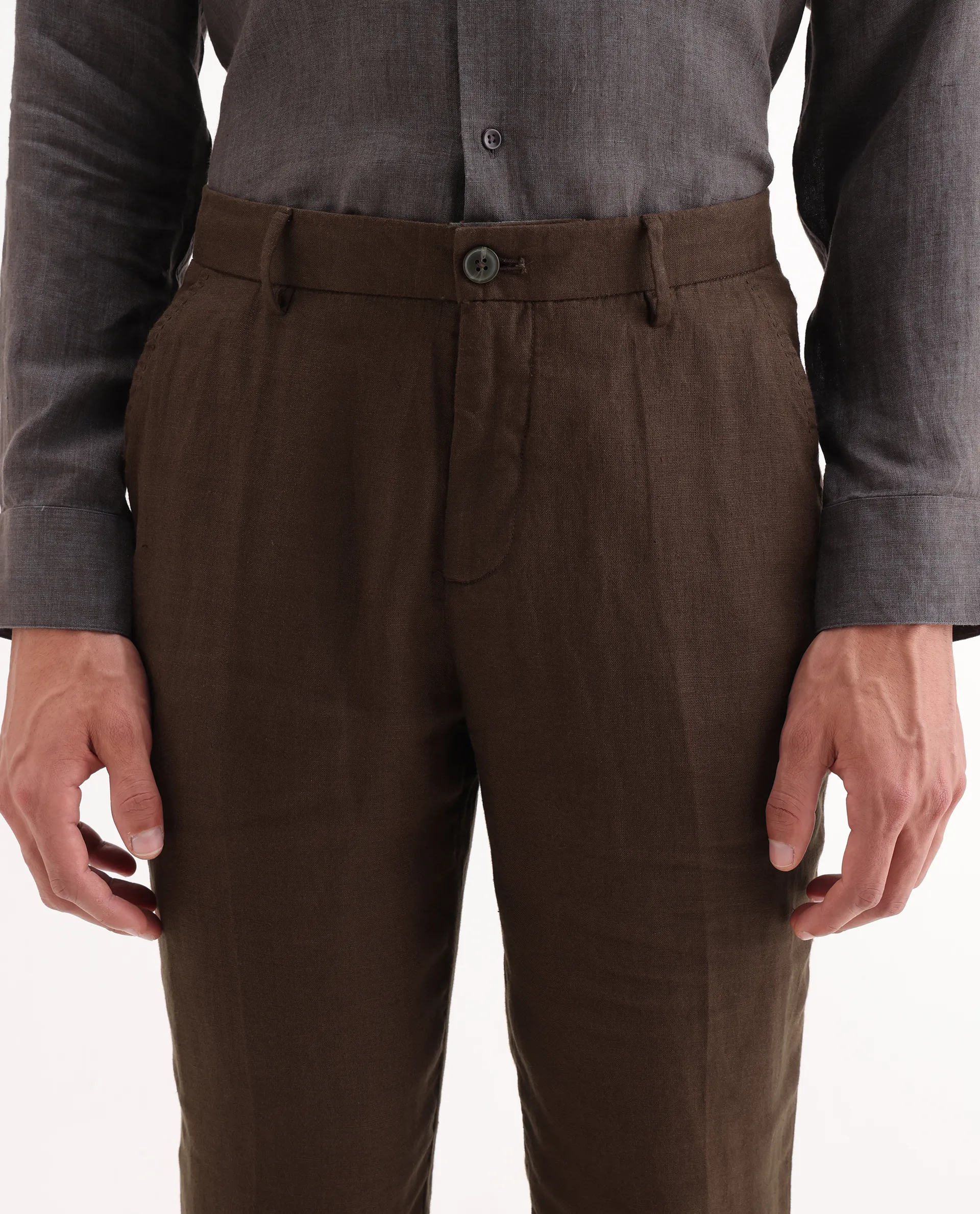 Rare Rabbit Men's Arcelo Brown Linen Plain Regular Fit Trouser - Image 3