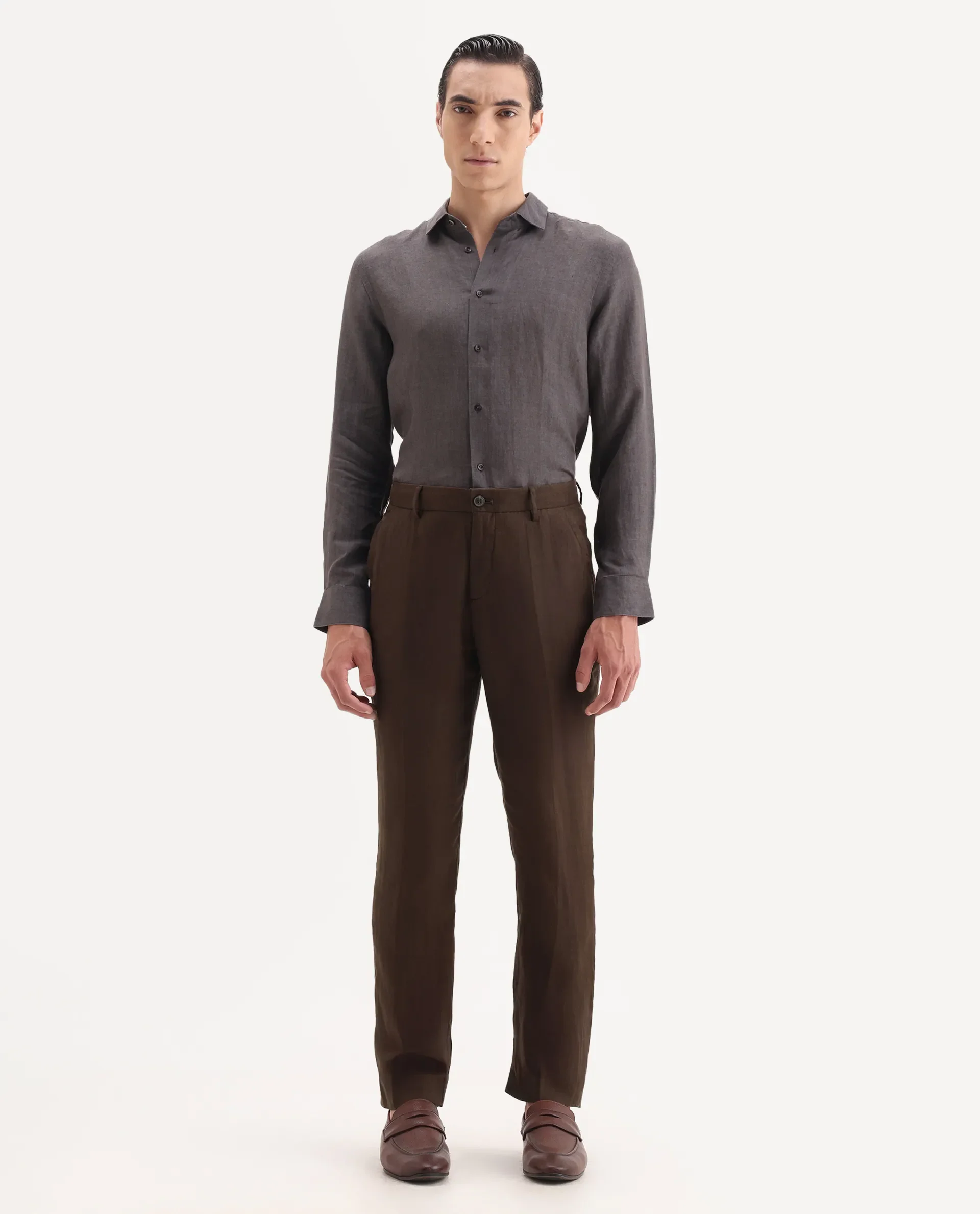 Rare Rabbit Men's Arcelo Brown Linen Plain Regular Fit Trouser - Image 4