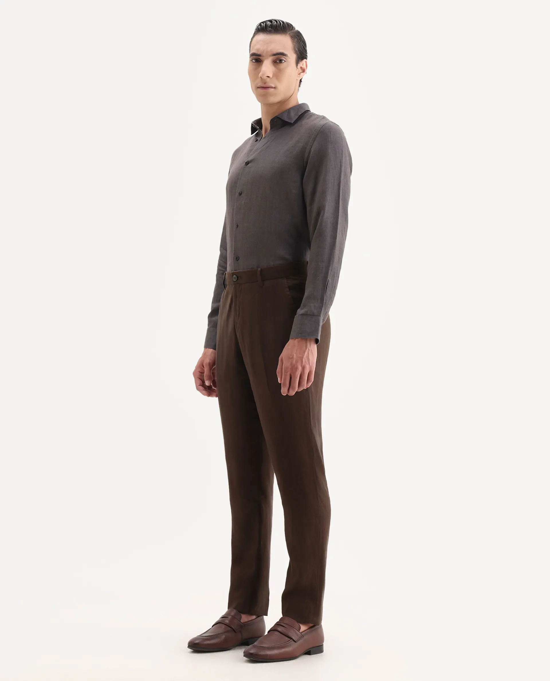 Rare Rabbit Men's Arcelo Brown Linen Plain Regular Fit Trouser - Image 5