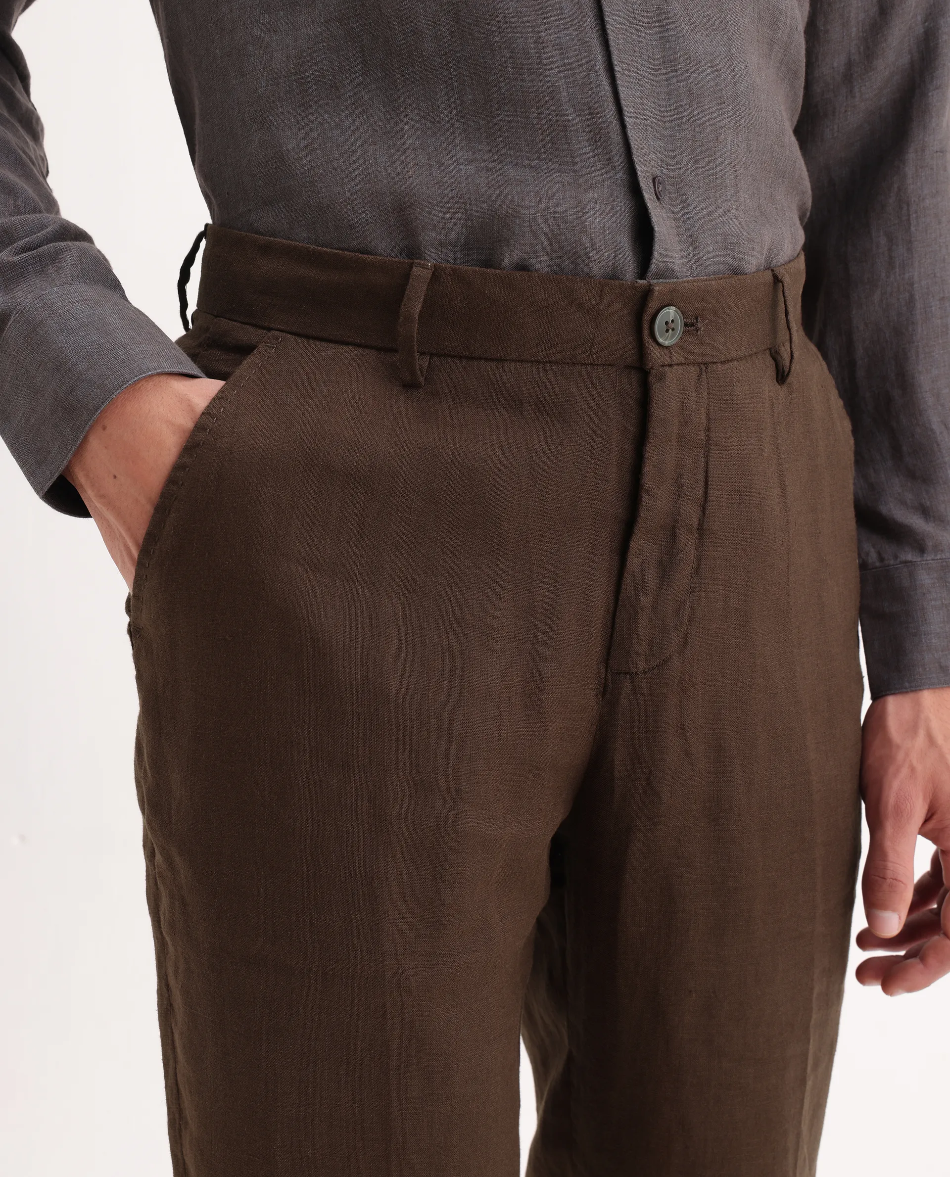 Rare Rabbit Men's Arcelo Brown Linen Plain Regular Fit Trouser - Image 6