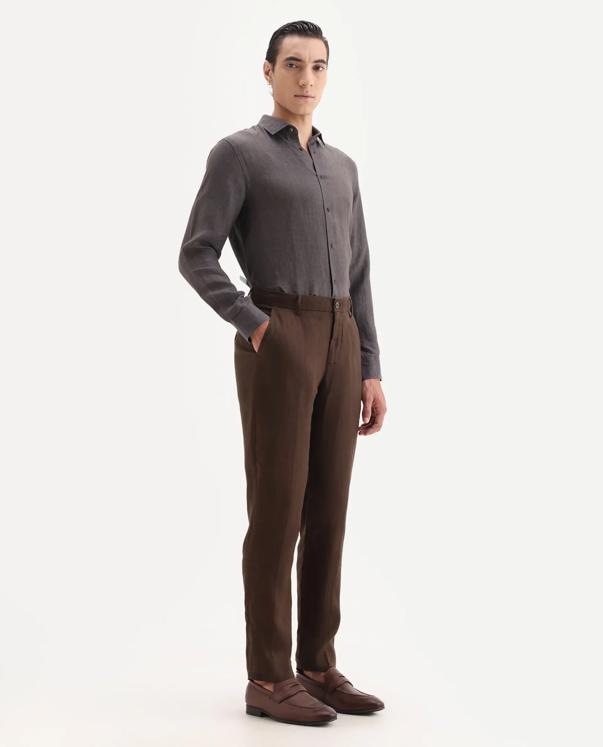 Rare Rabbit Men's Arcelo Brown Linen Plain Regular Fit Trouser - Image 7