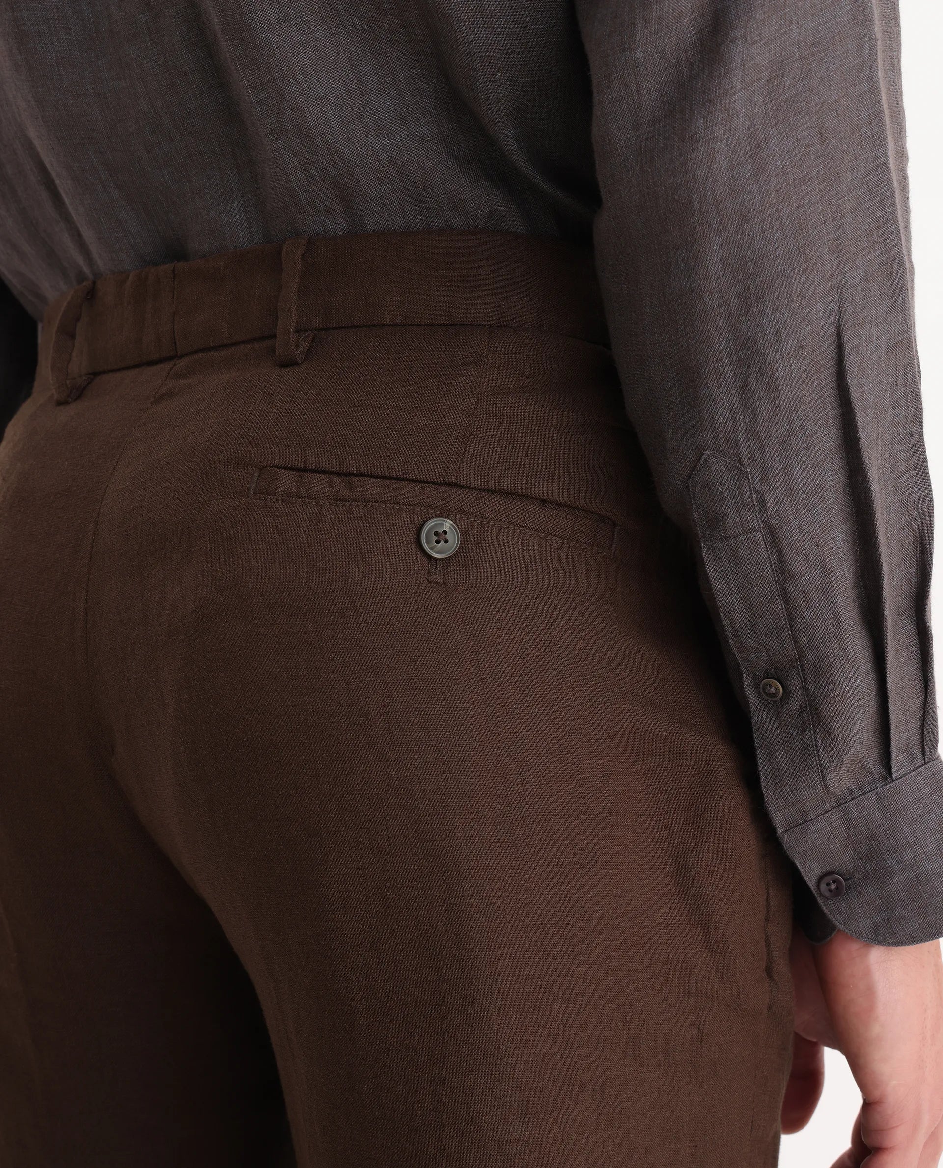 Rare Rabbit Men's Arcelo Brown Linen Plain Regular Fit Trouser - Image 8