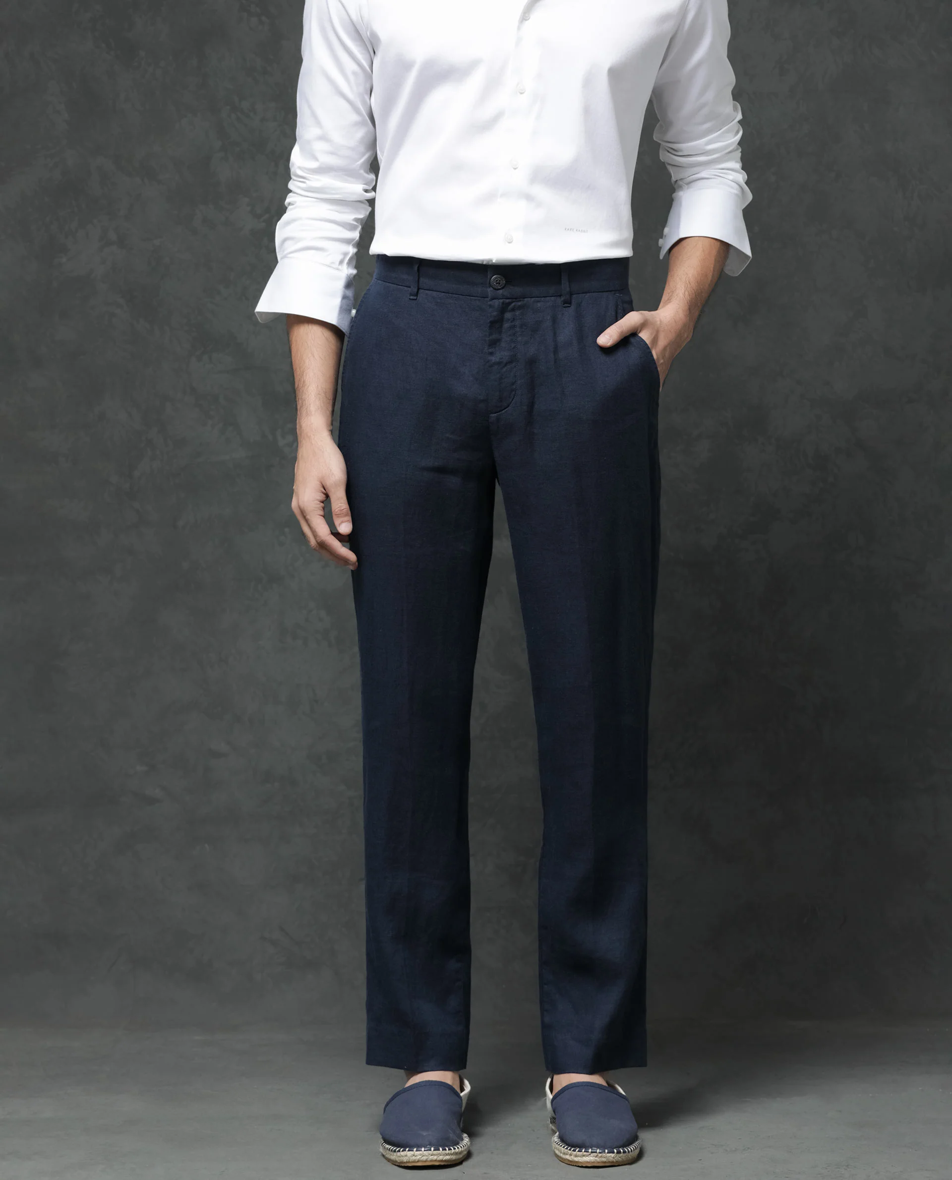 Rare Rabbit Men's Arcelo Navy Linen Plain Regular Fit Trouser
