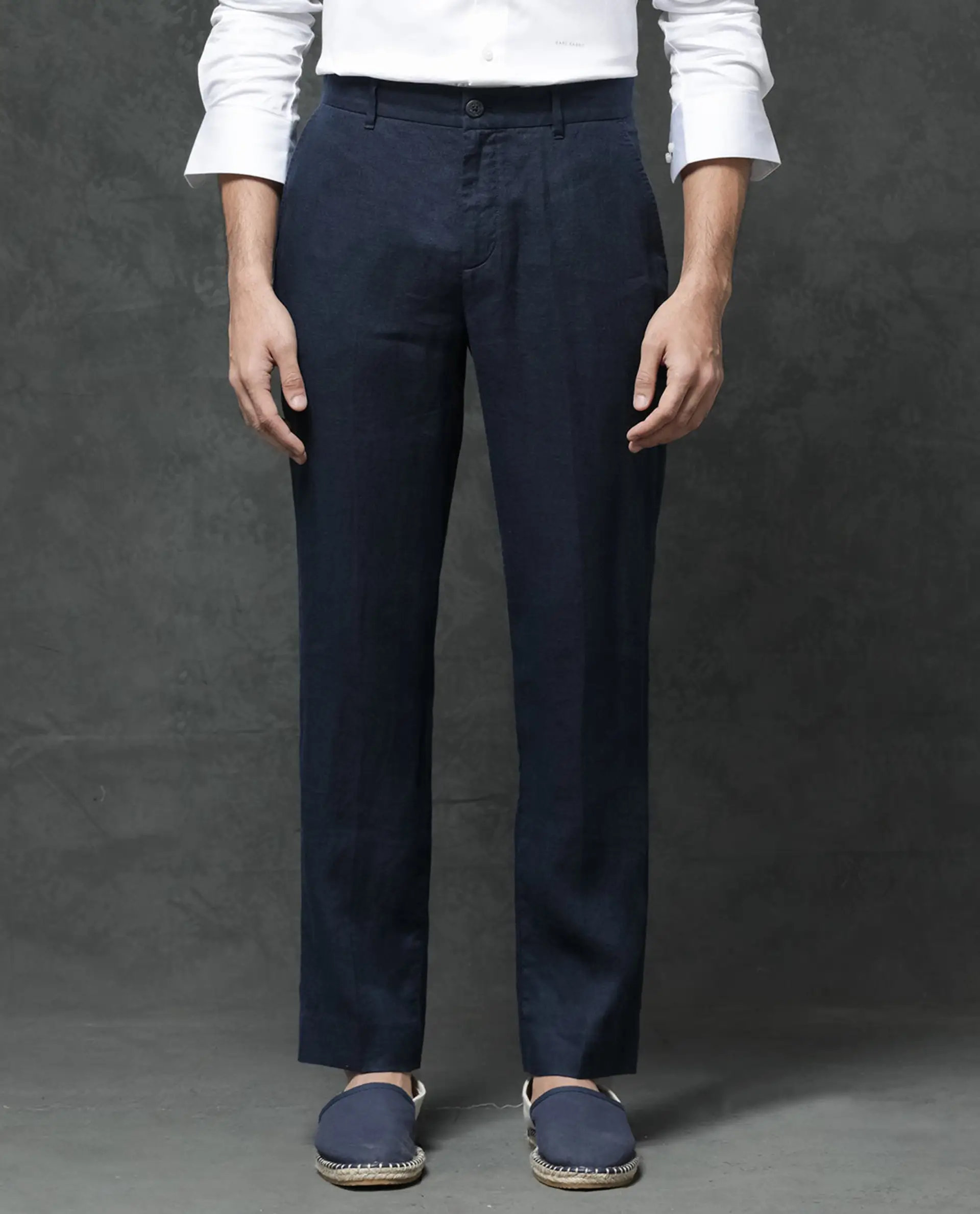 Rare Rabbit Men's Arcelo Navy Linen Plain Regular Fit Trouser - Image 10