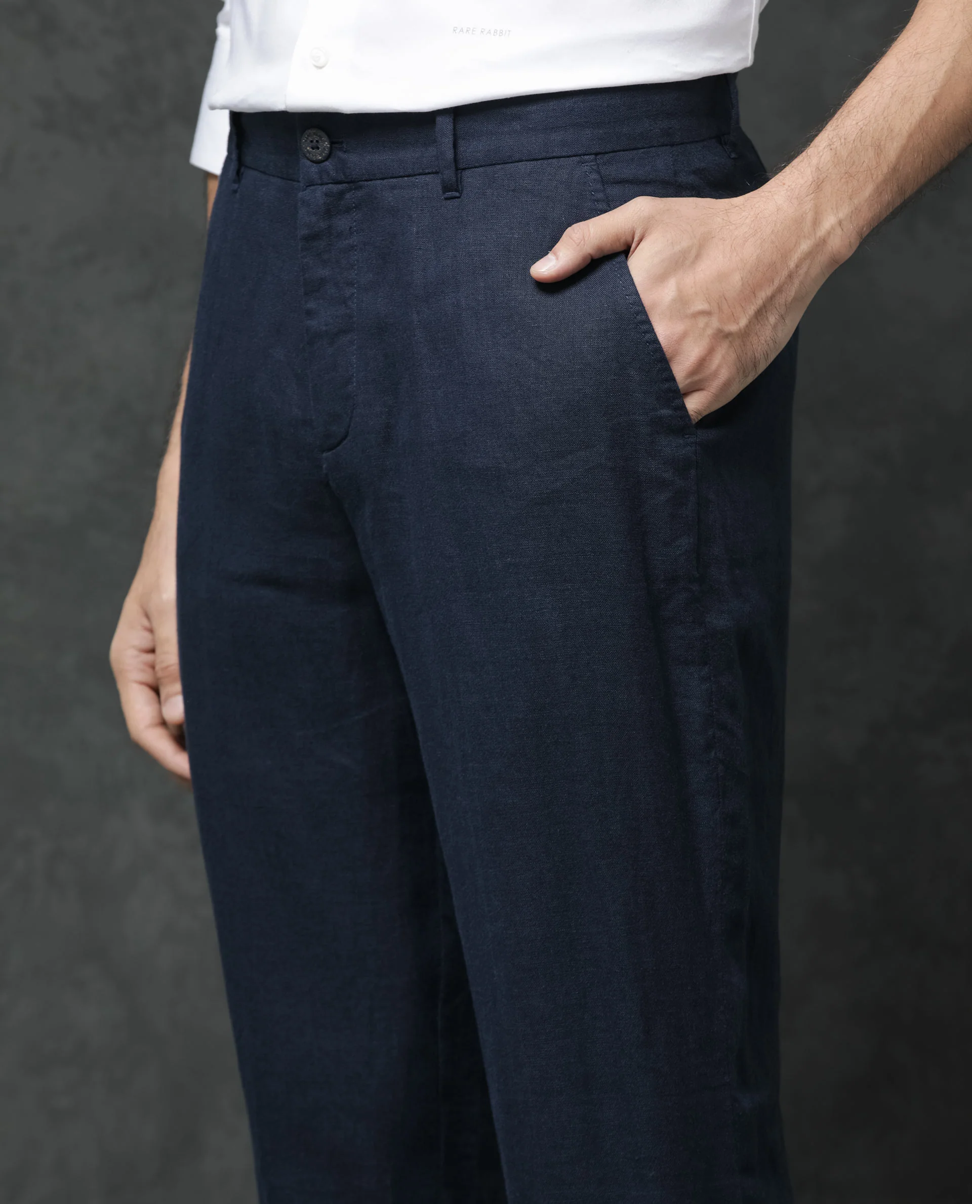 Rare Rabbit Men's Arcelo Navy Linen Plain Regular Fit Trouser - Image 3