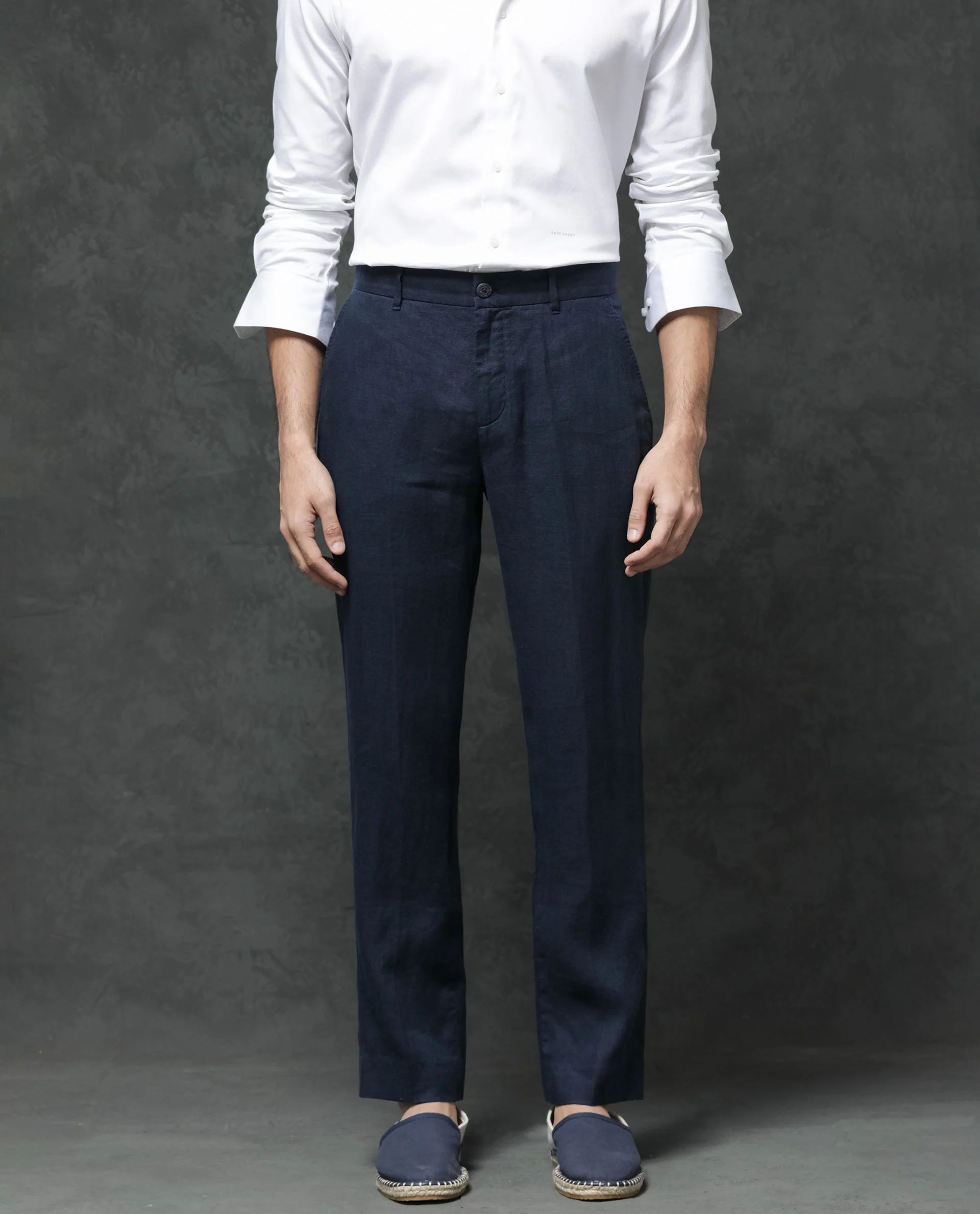 Rare Rabbit Men's Arcelo Navy Linen Plain Regular Fit Trouser - Image 4