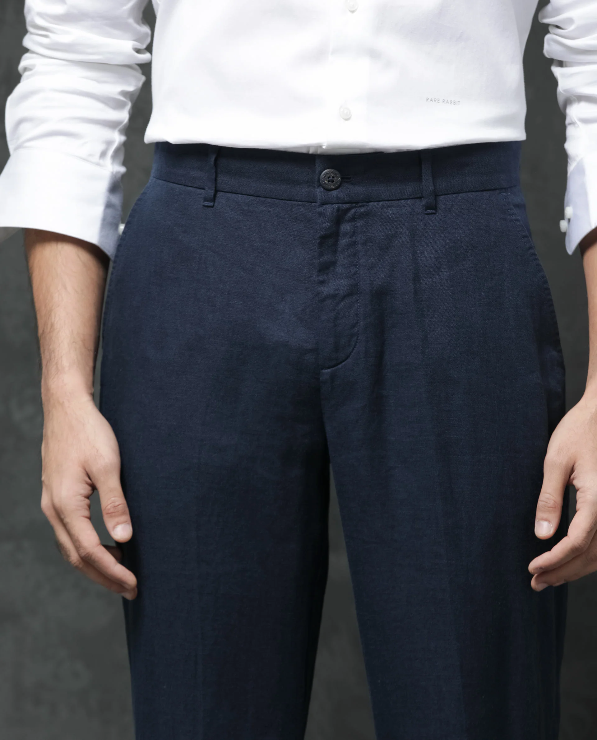 Rare Rabbit Men's Arcelo Navy Linen Plain Regular Fit Trouser - Image 6