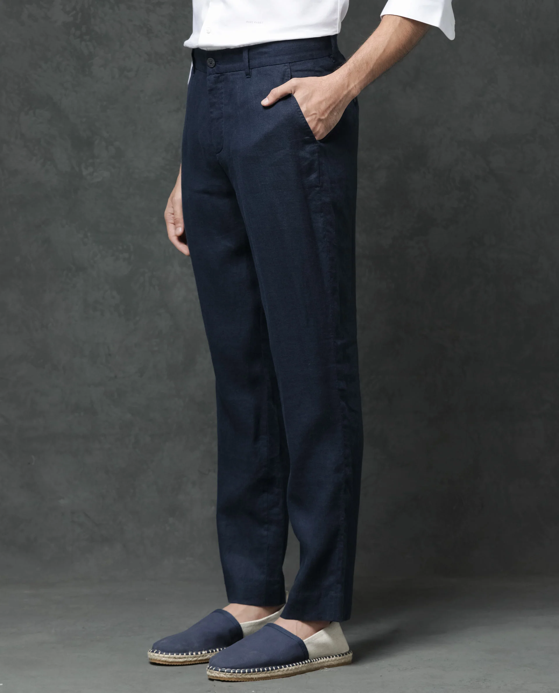 Rare Rabbit Men's Arcelo Navy Linen Plain Regular Fit Trouser - Image 8