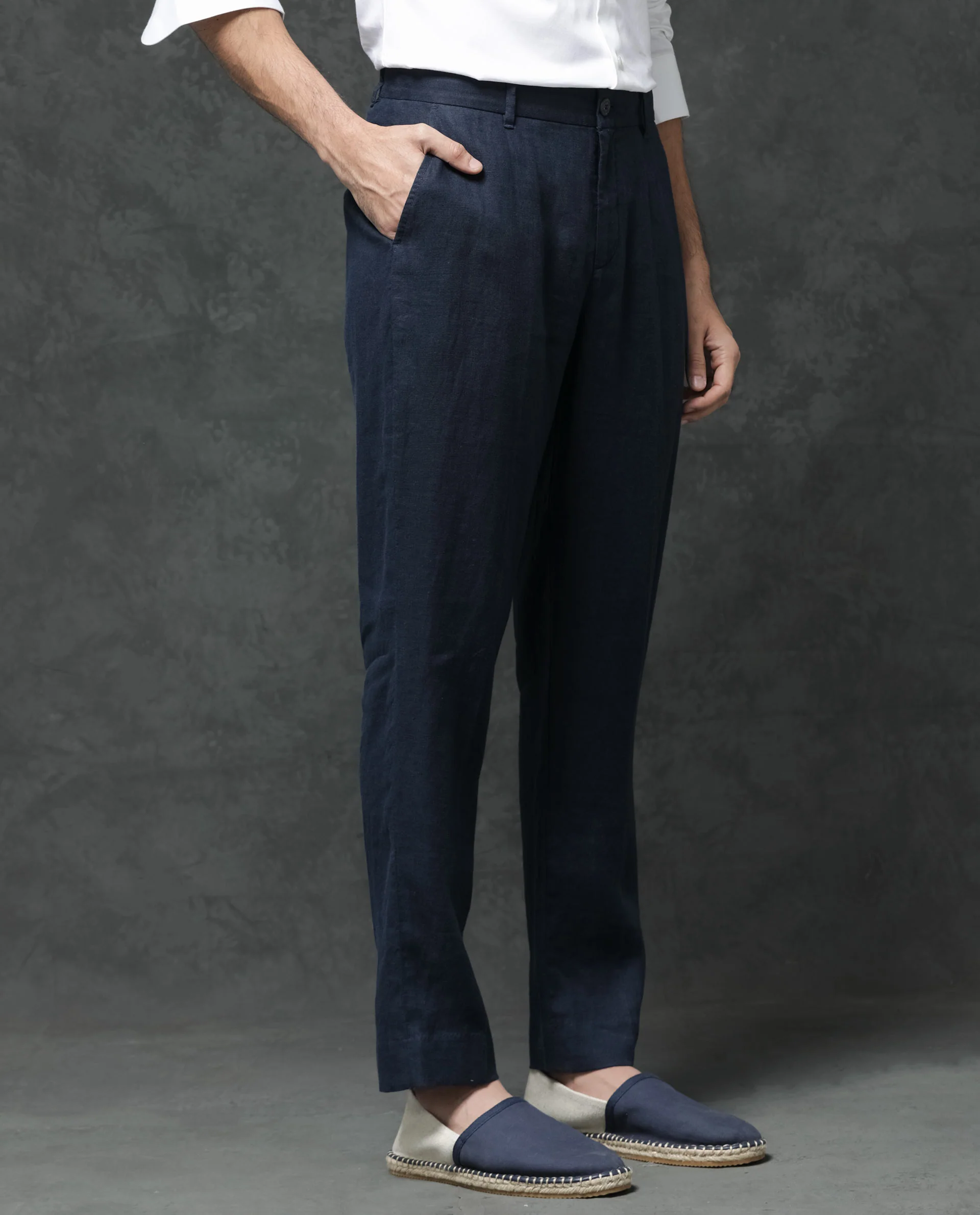 Rare Rabbit Men's Arcelo Navy Linen Plain Regular Fit Trouser - Image 9