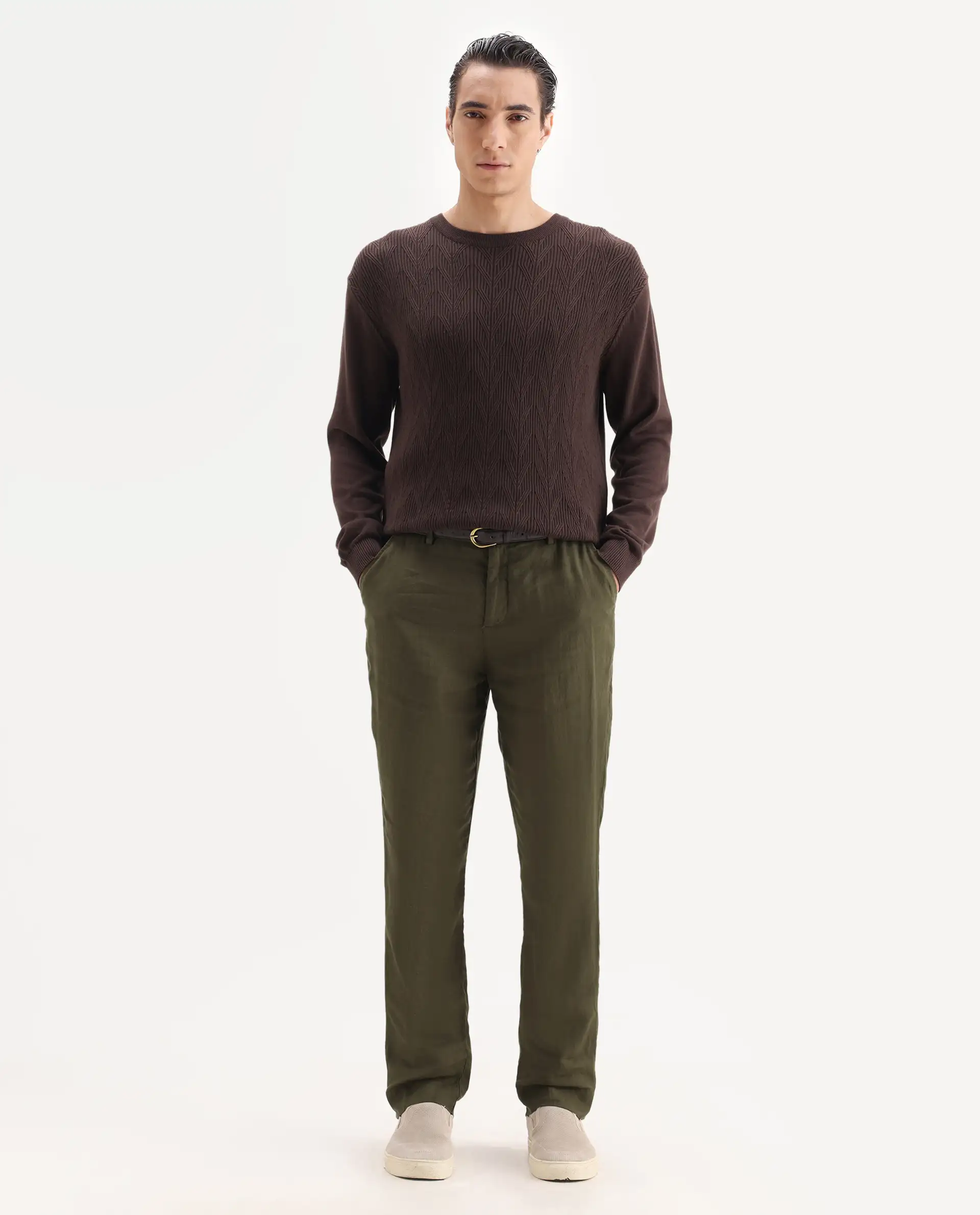 Rare Rabbit Men's Arcelo Olive 100% Linen Plain Regular Fit Trouser