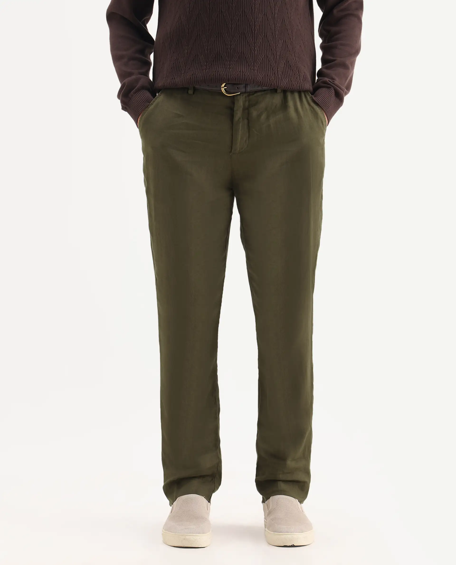 Rare Rabbit Men's Arcelo Olive 100% Linen Plain Regular Fit Trouser - Image 2