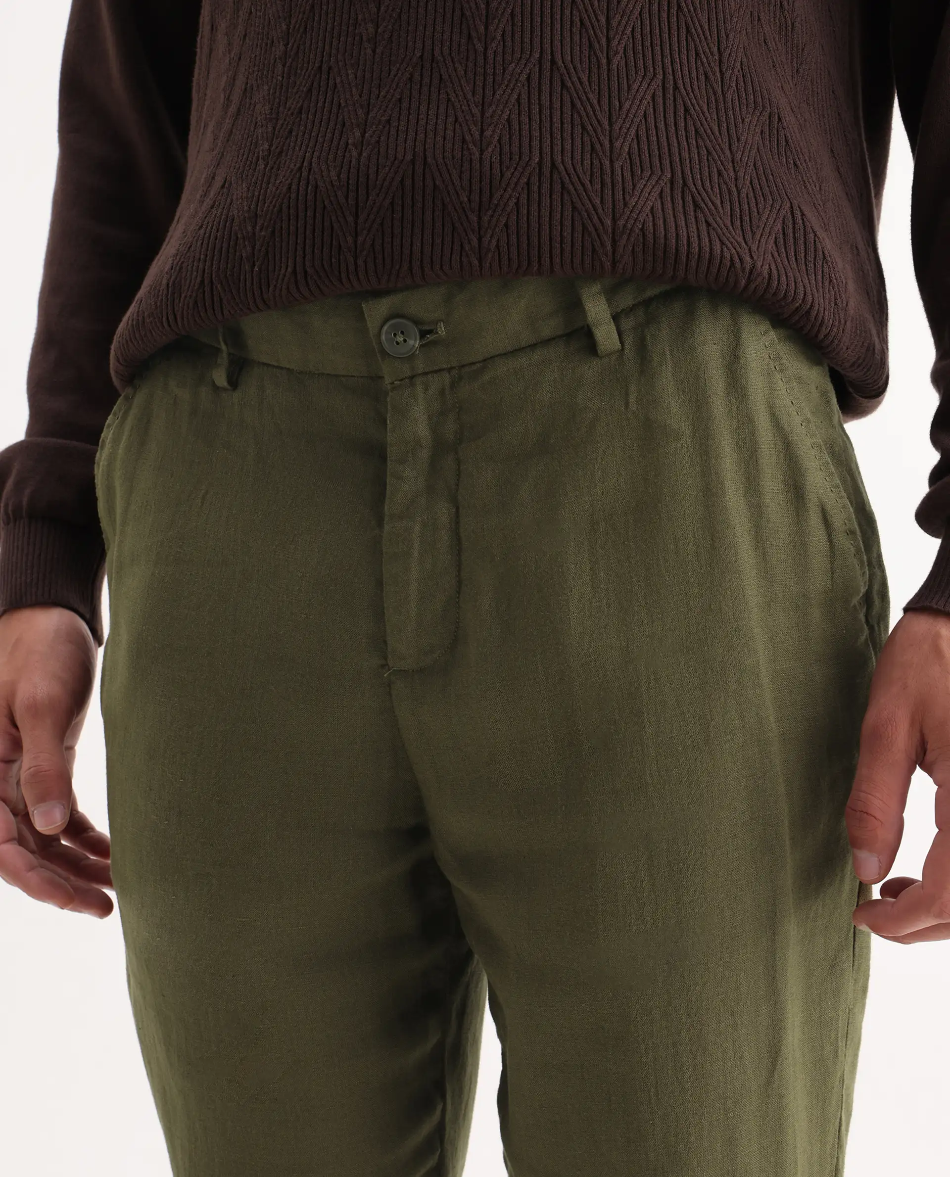 Rare Rabbit Men's Arcelo Olive 100% Linen Plain Regular Fit Trouser - Image 3