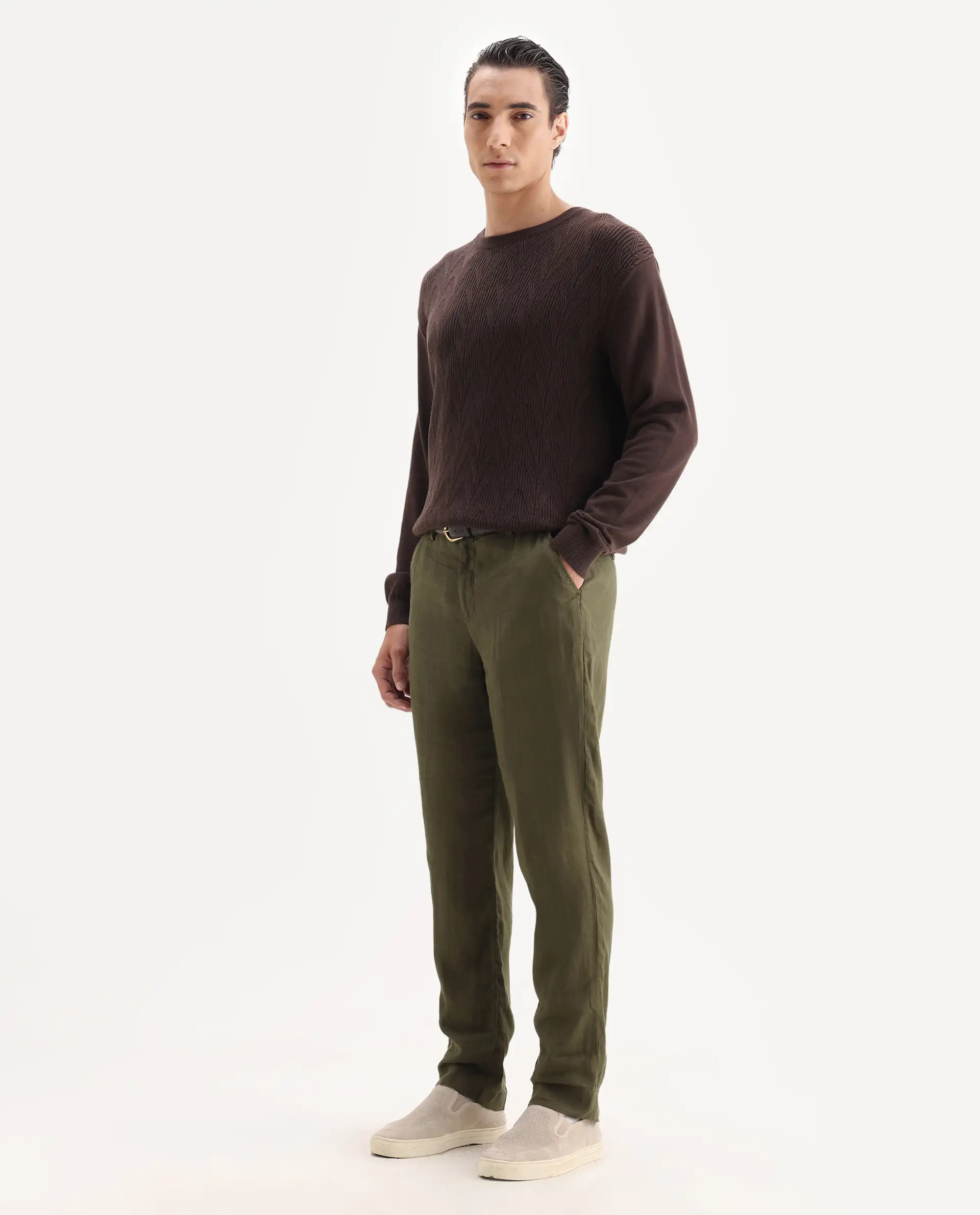 Rare Rabbit Men's Arcelo Olive 100% Linen Plain Regular Fit Trouser - Image 4