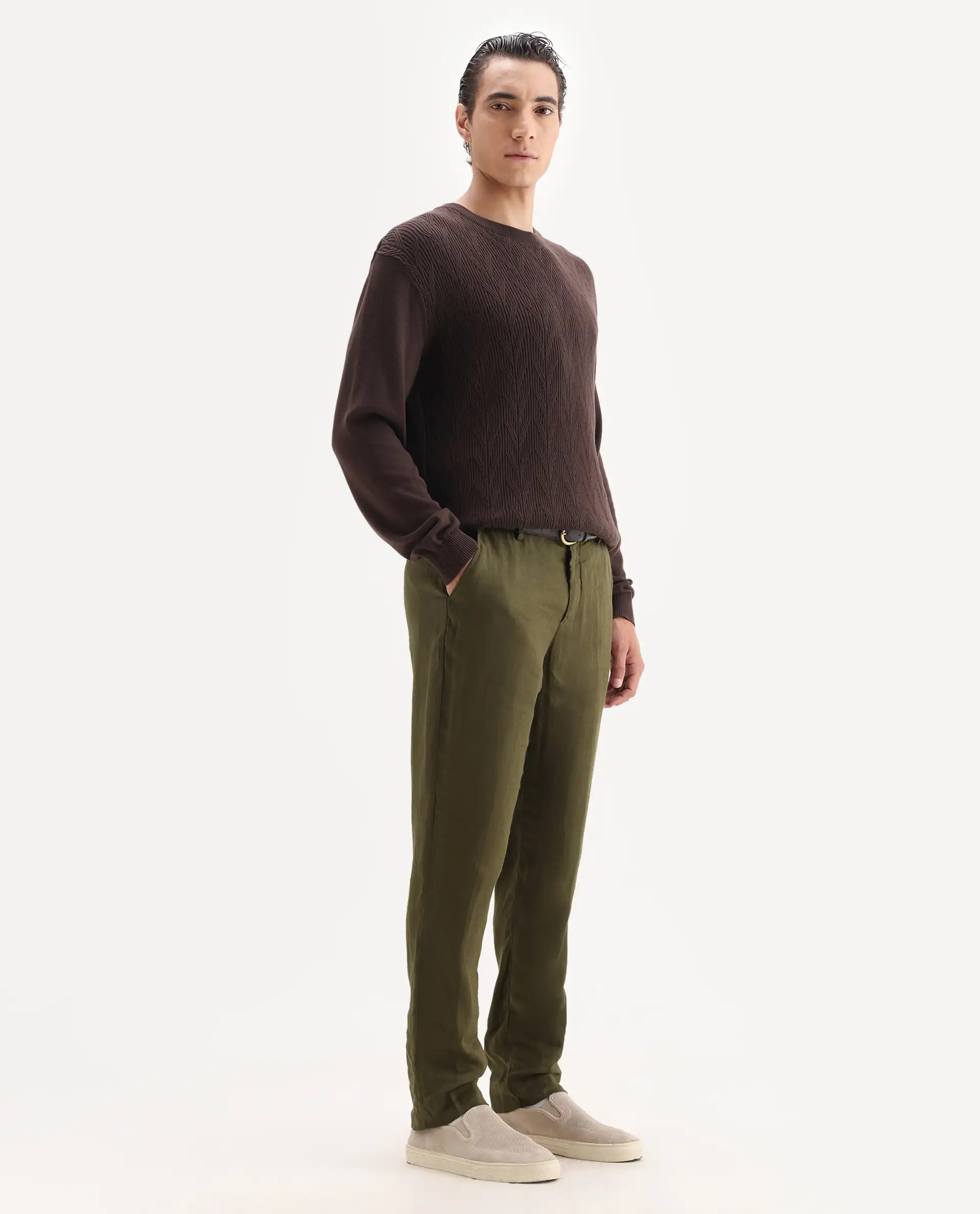 Rare Rabbit Men's Arcelo Olive 100% Linen Plain Regular Fit Trouser - Image 5