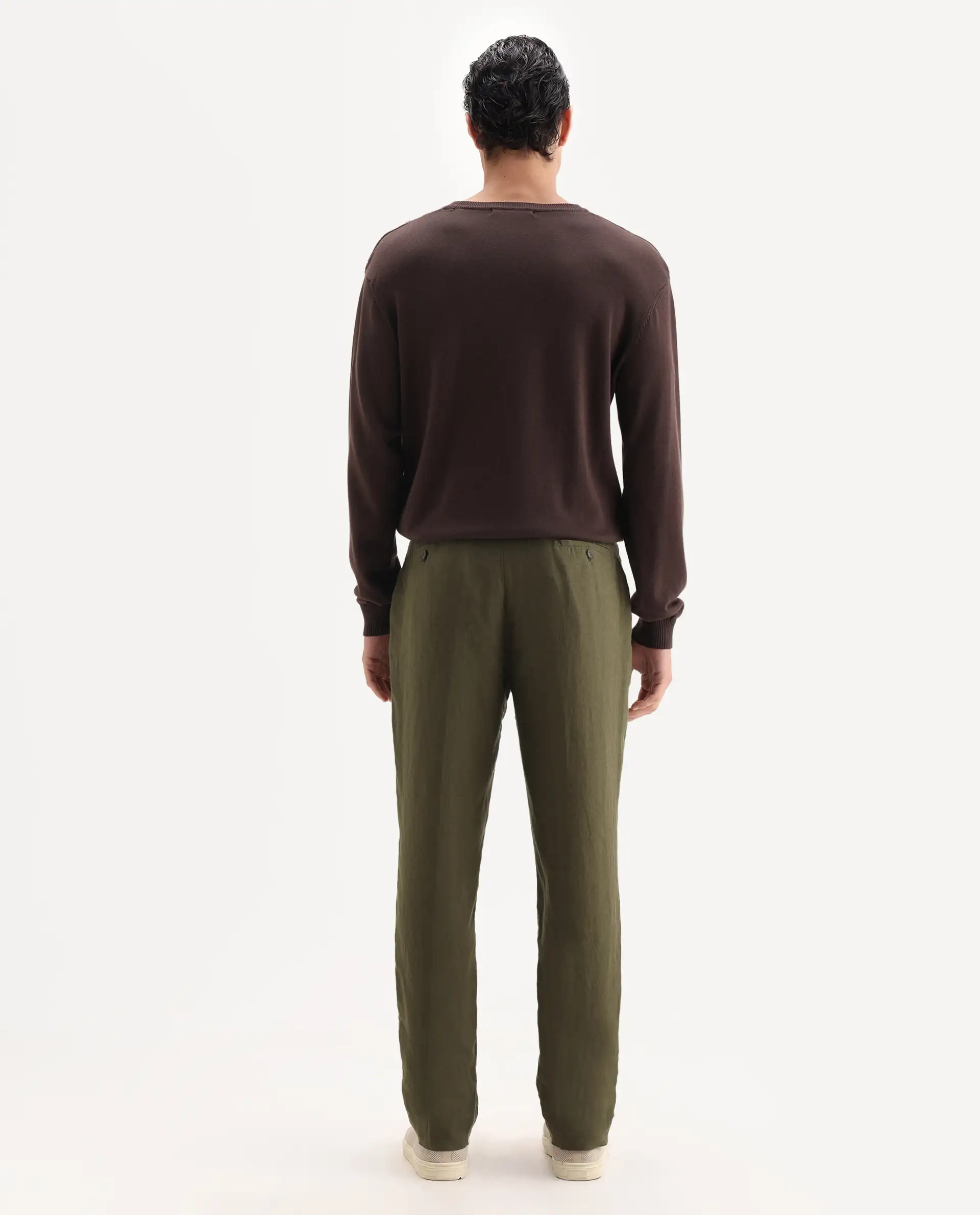 Rare Rabbit Men's Arcelo Olive 100% Linen Plain Regular Fit Trouser - Image 7